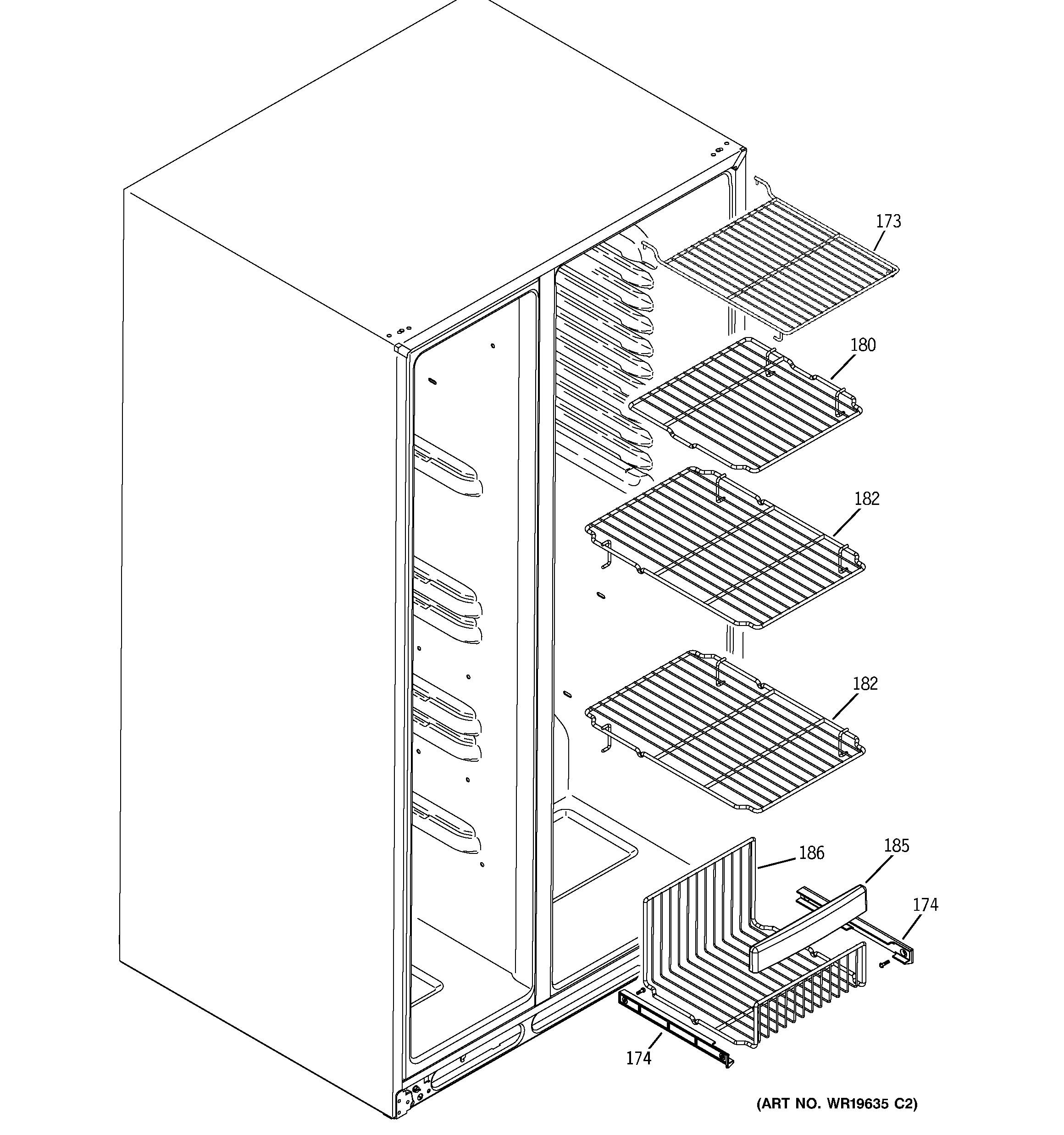 GE GSS25YBSBWW freezer shelves diagram