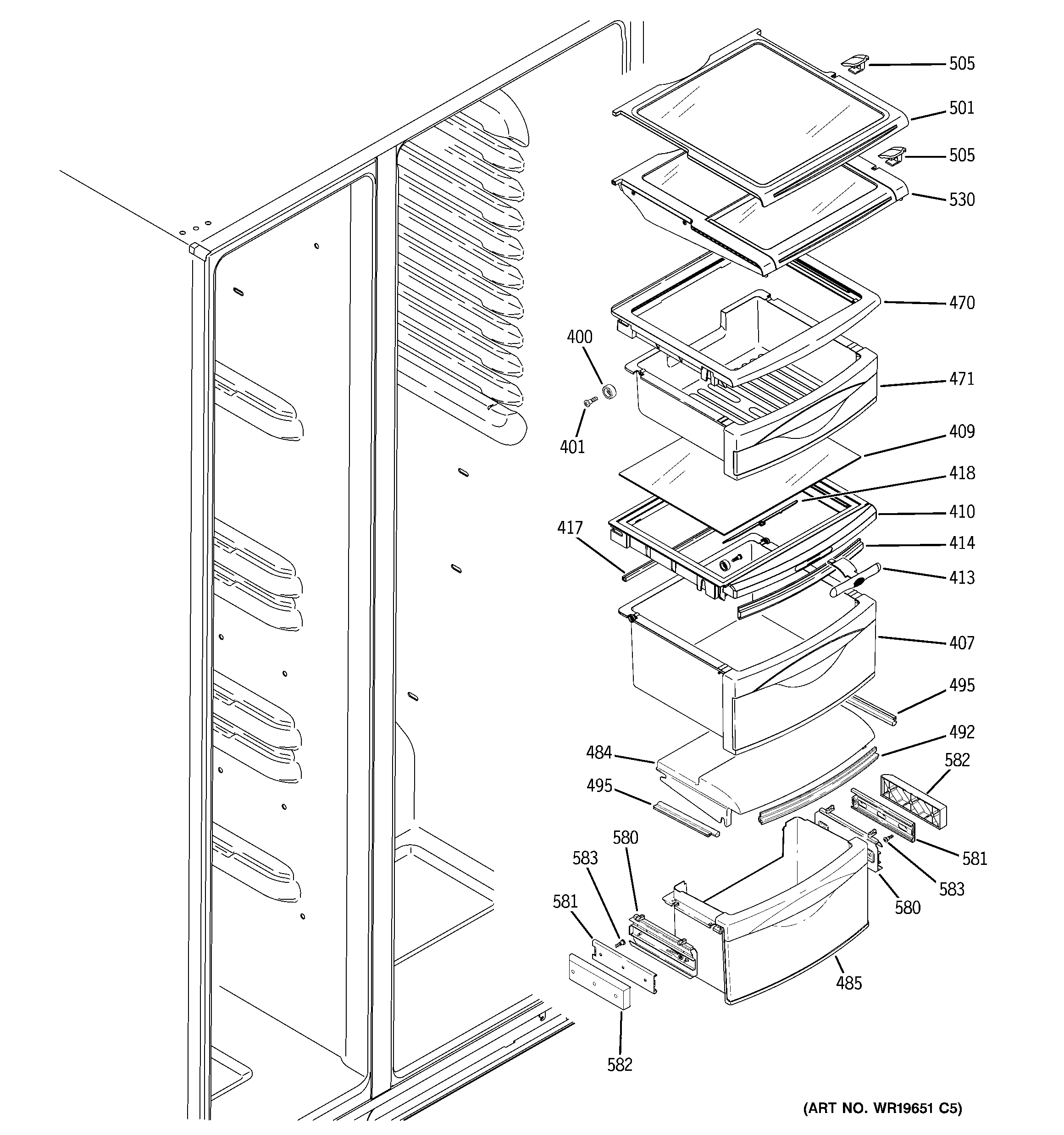 GE PSC23MGPCCC fresh food shelves diagram