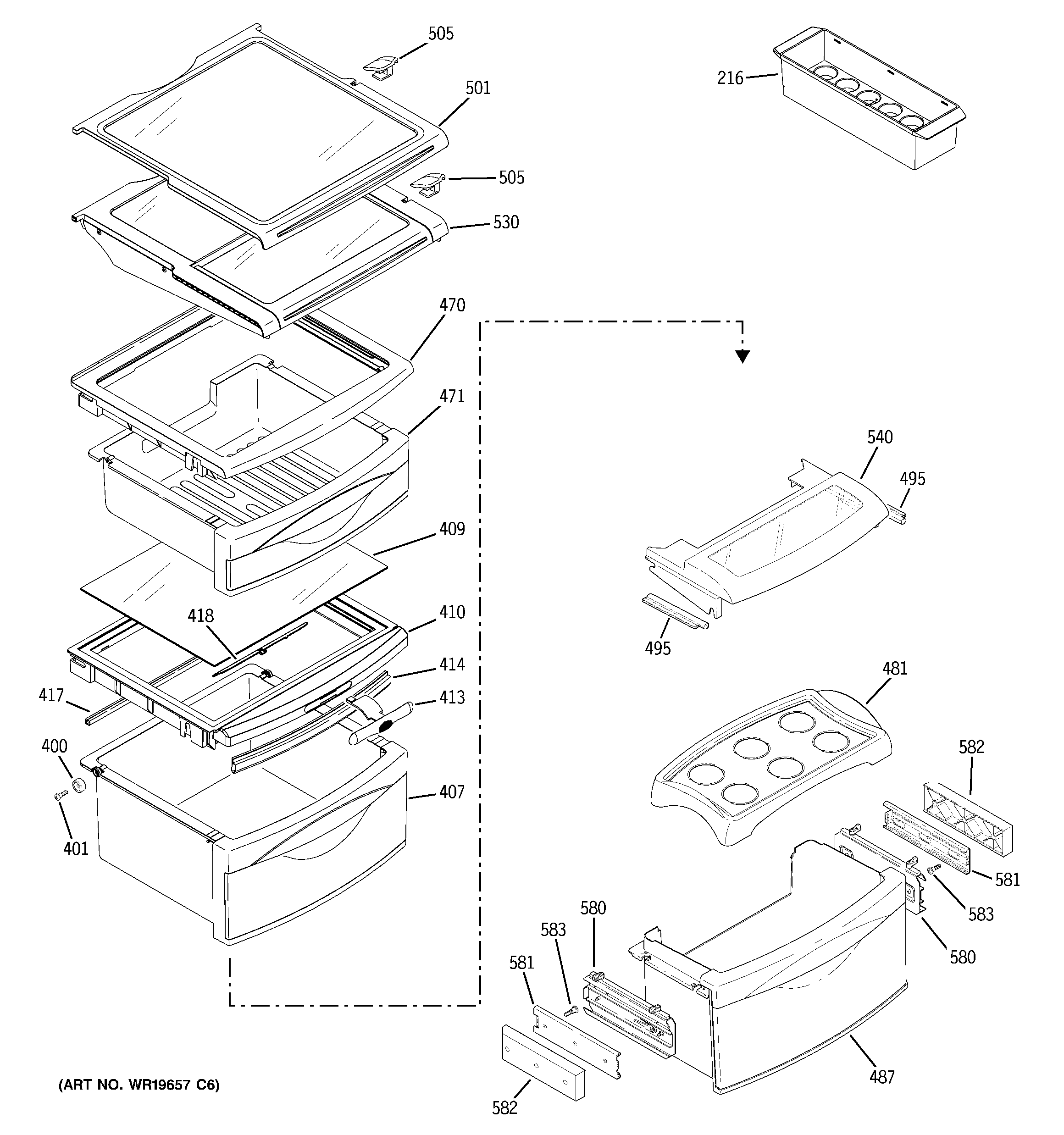 GE PSG25NGSAFBB fresh food shelves diagram