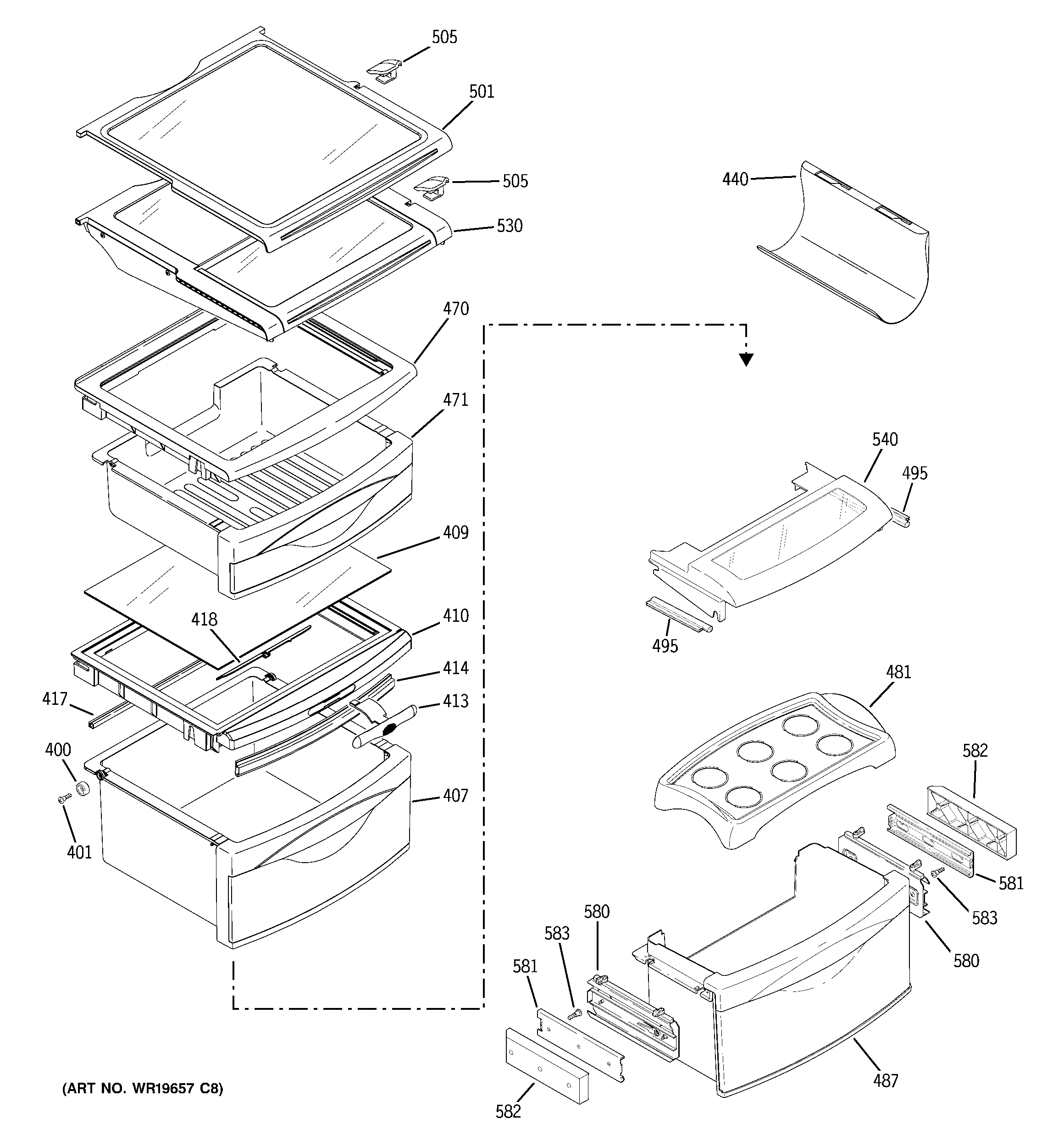 GE PSG29NHSACWW fresh food shelves diagram