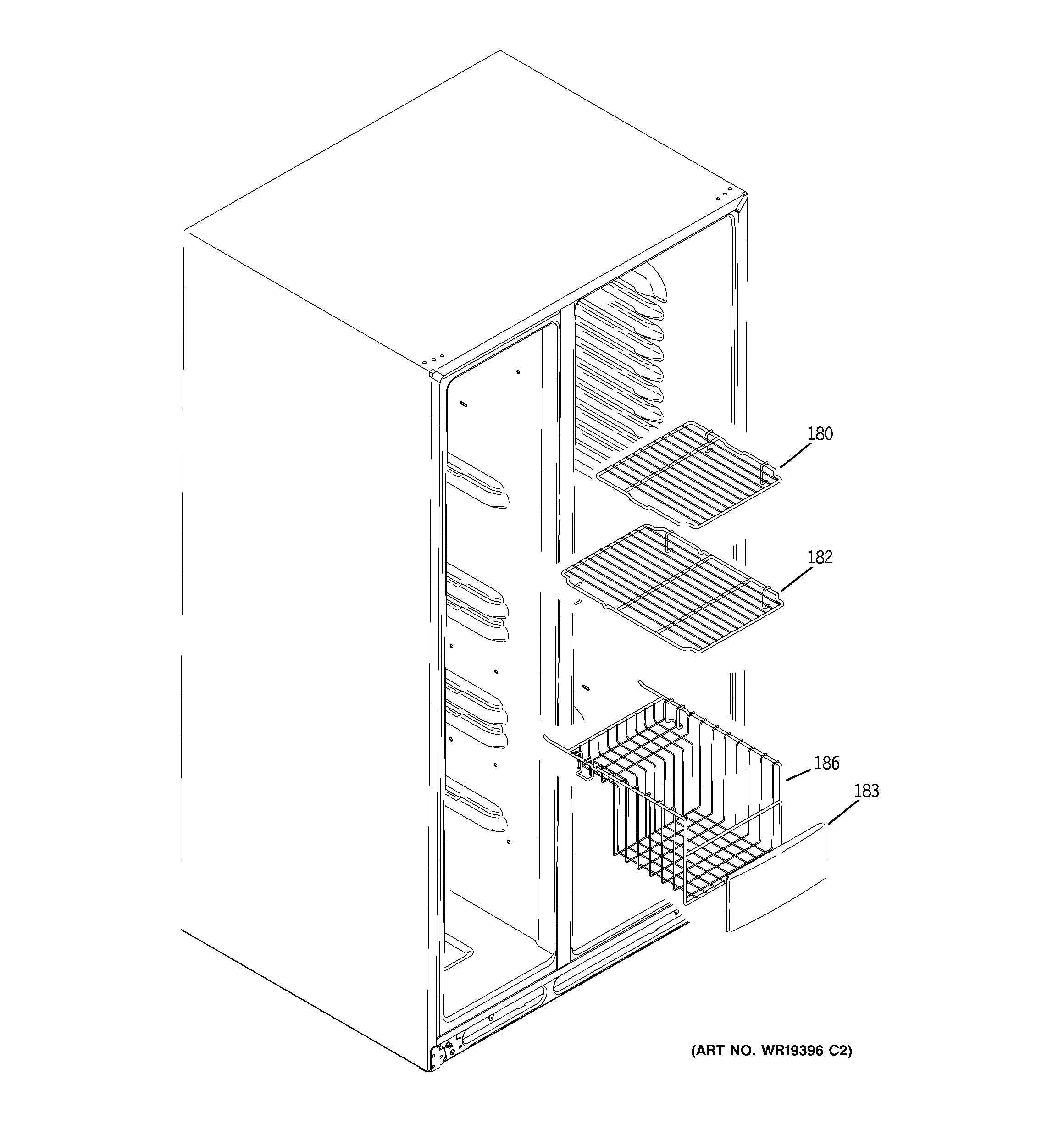 GE GSC21KGRCWW freezer shelves diagram