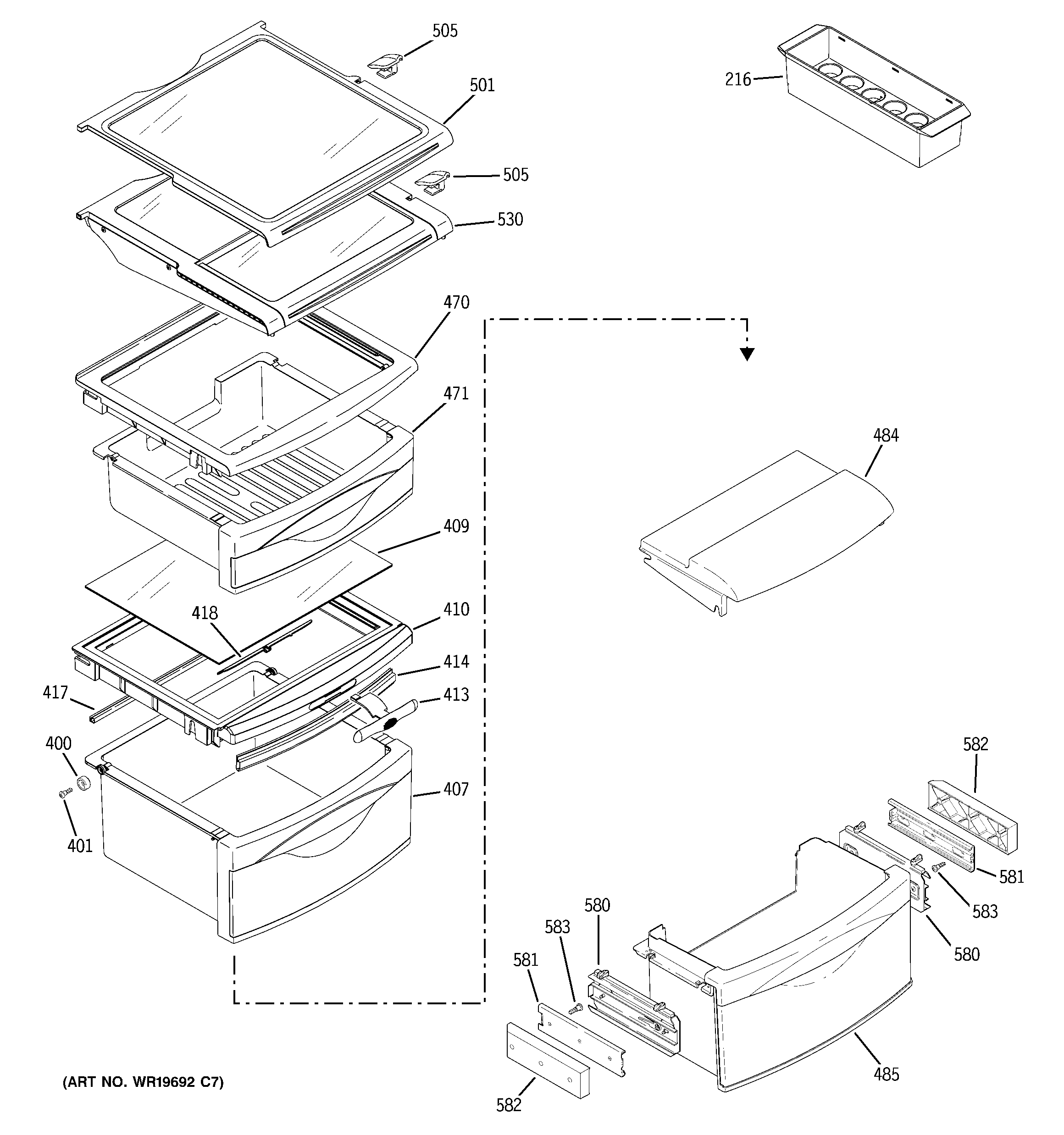 GE PCG21SISAFBS fresh food shelves diagram