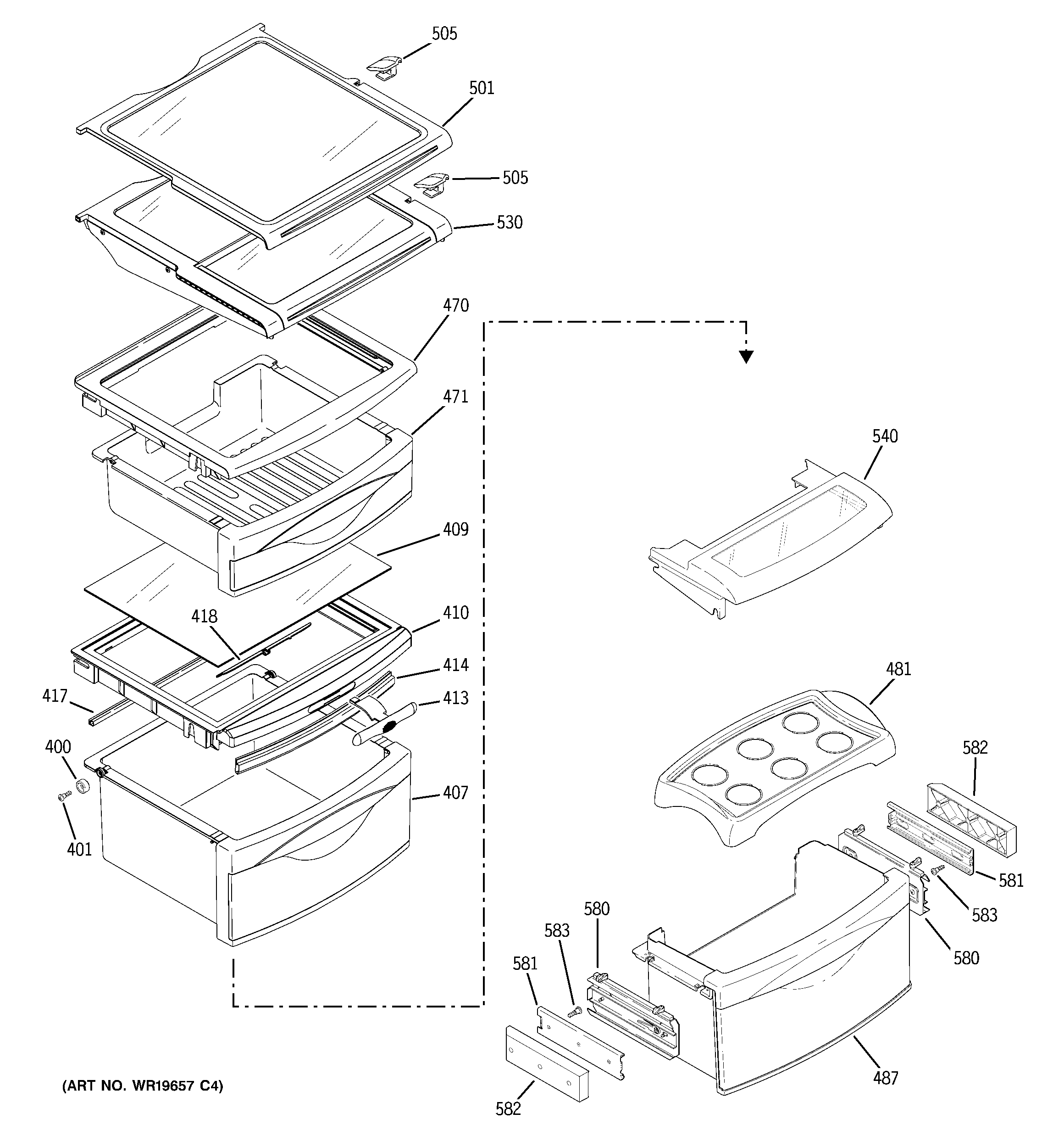 GE PSI23SGRCSV fresh food shelves diagram