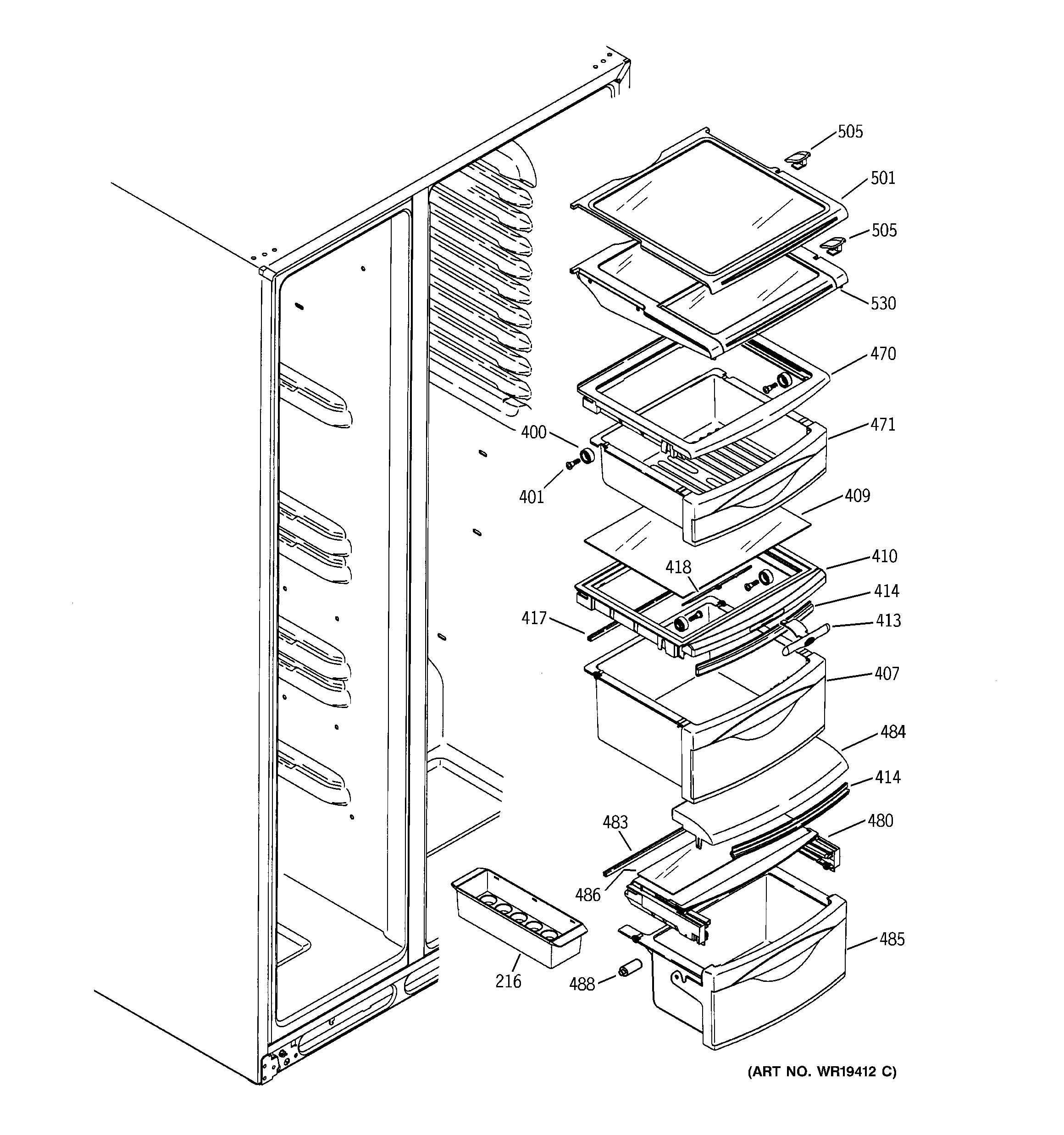 GE GSK25LCNDCCC fresh food shelves diagram