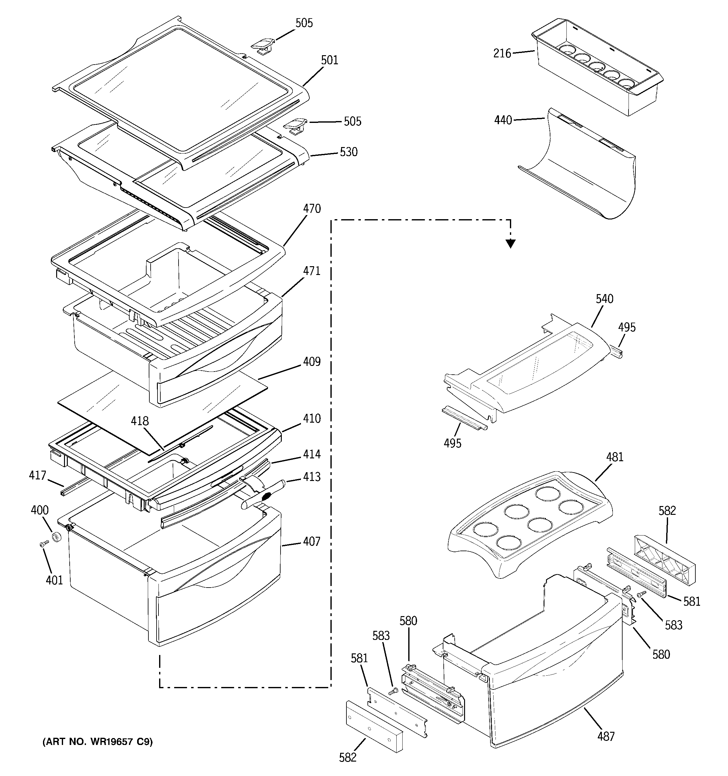 GE PCG23SHSAFBS fresh food shelves diagram
