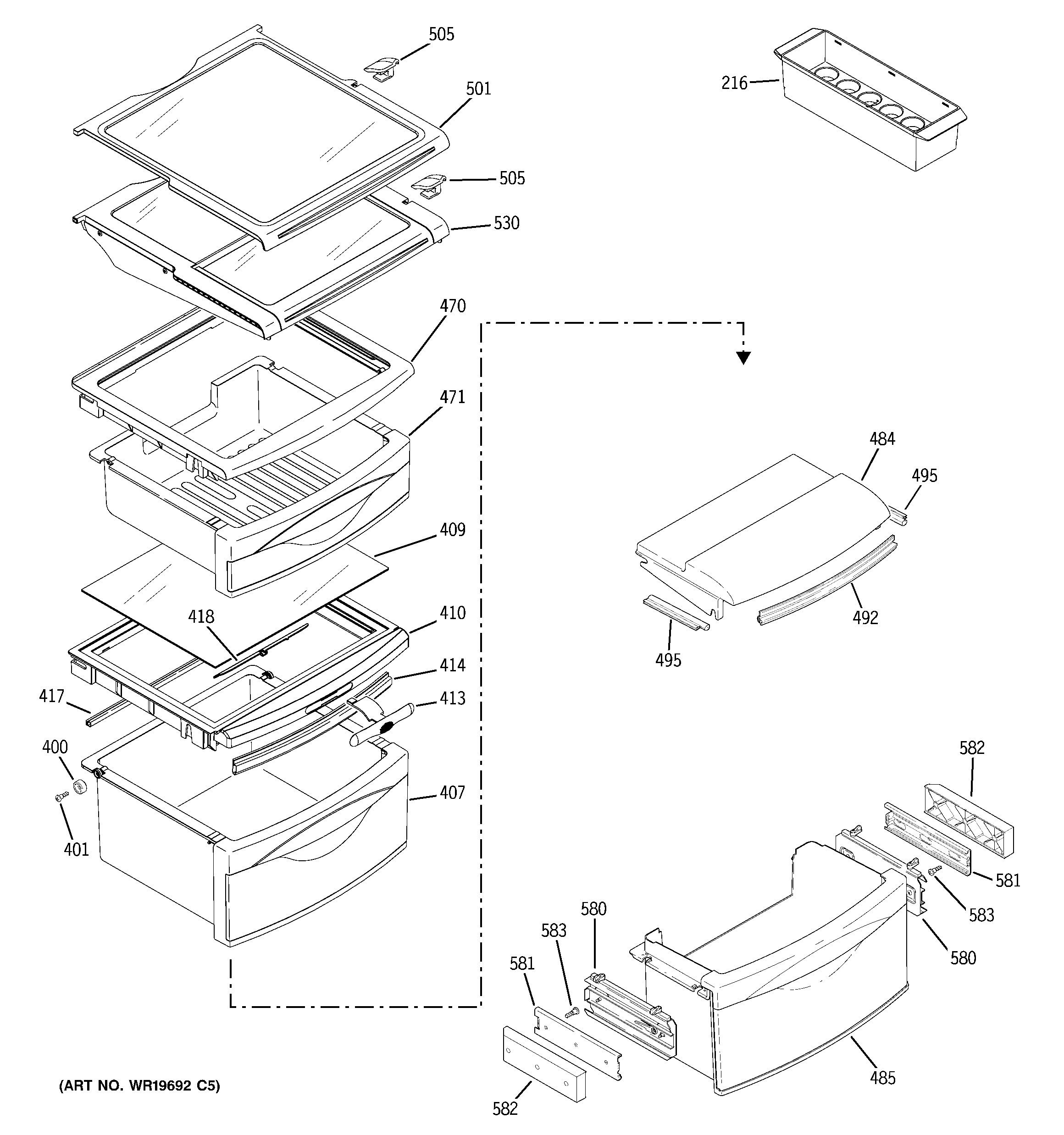 GE PCG21MISAFBB fresh food shelves diagram