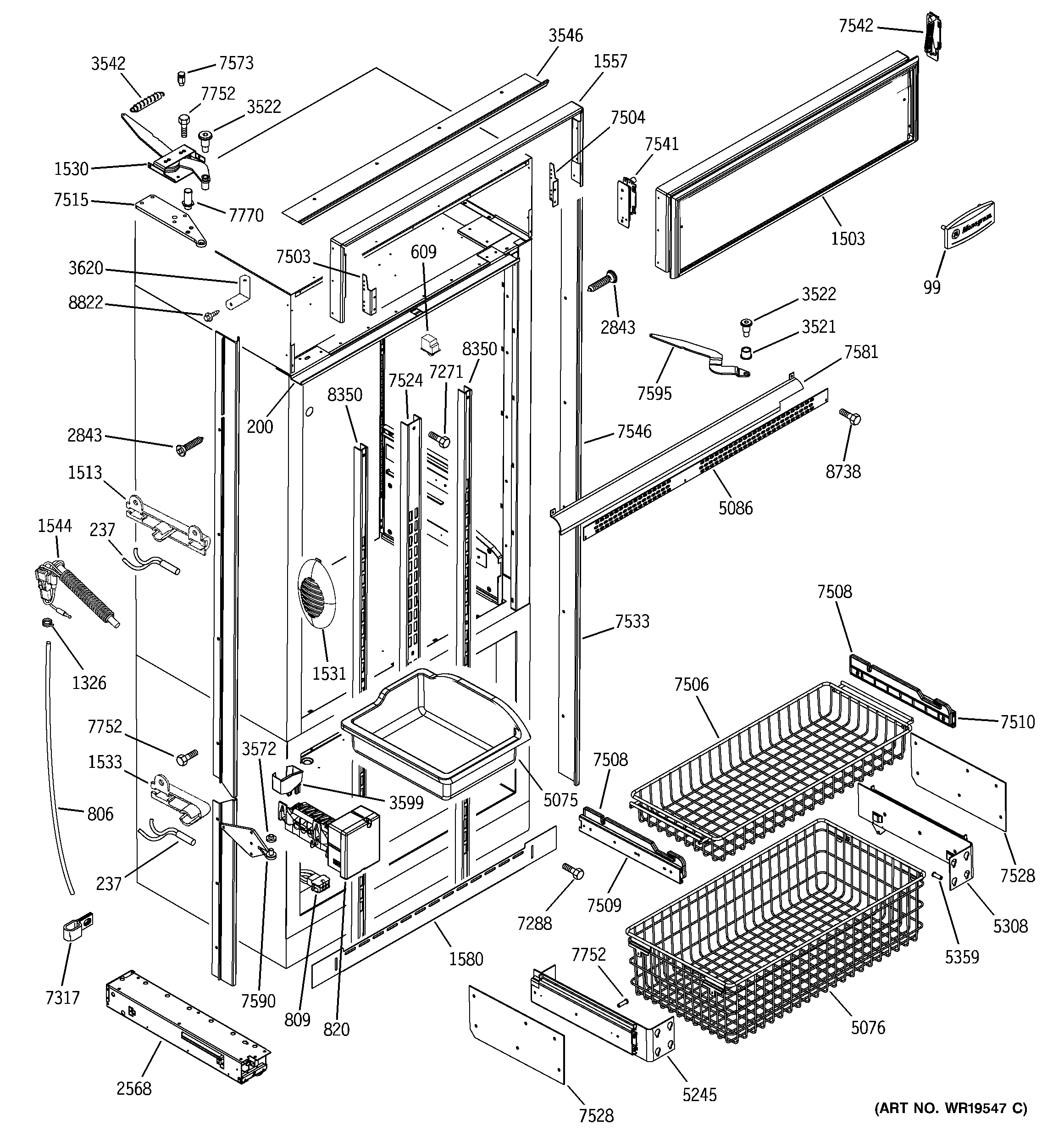 GE ZIC360NRBLH freezer section, trim & components diagram