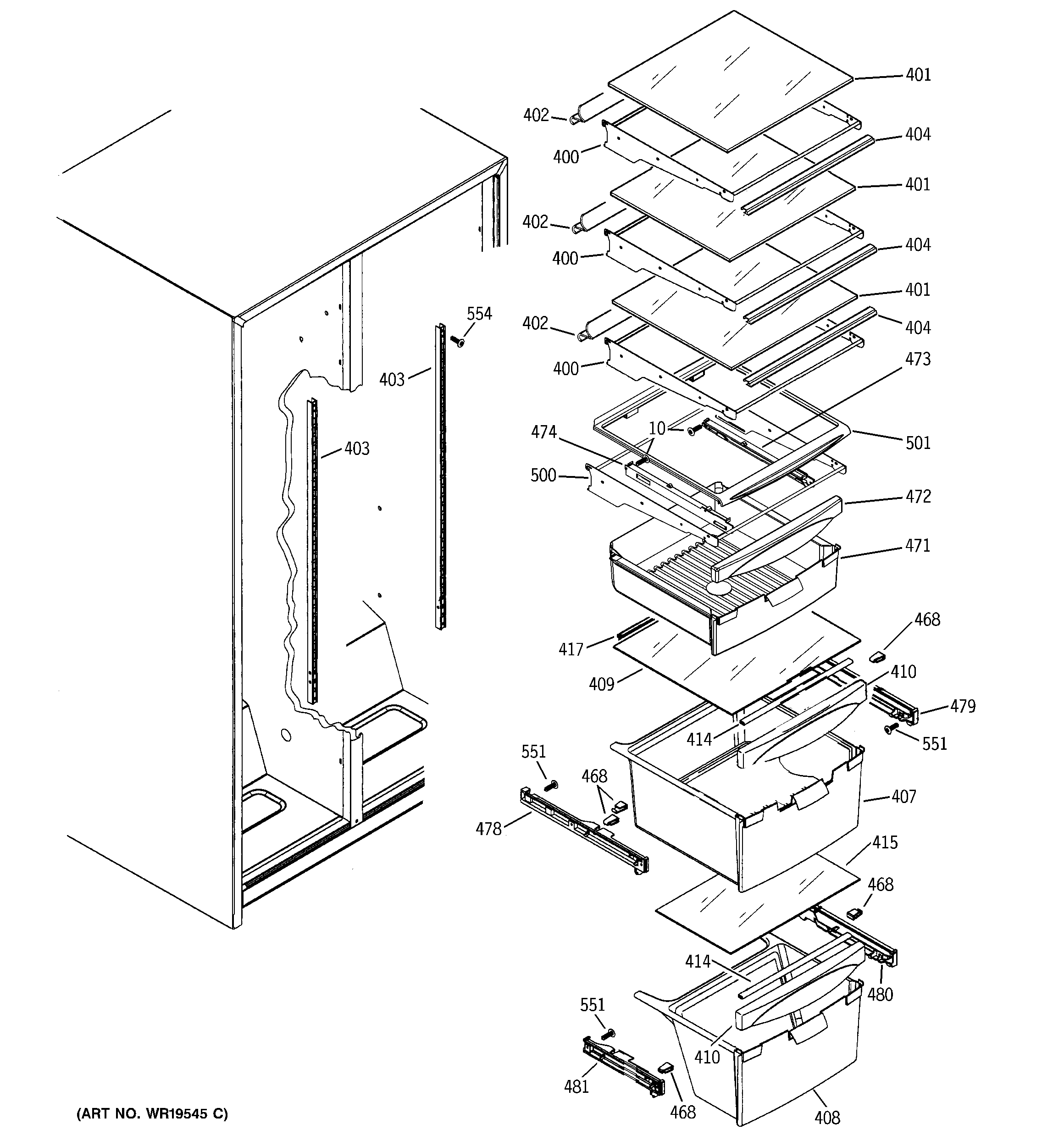 GE GSH25IGREWW fresh food shelves diagram
