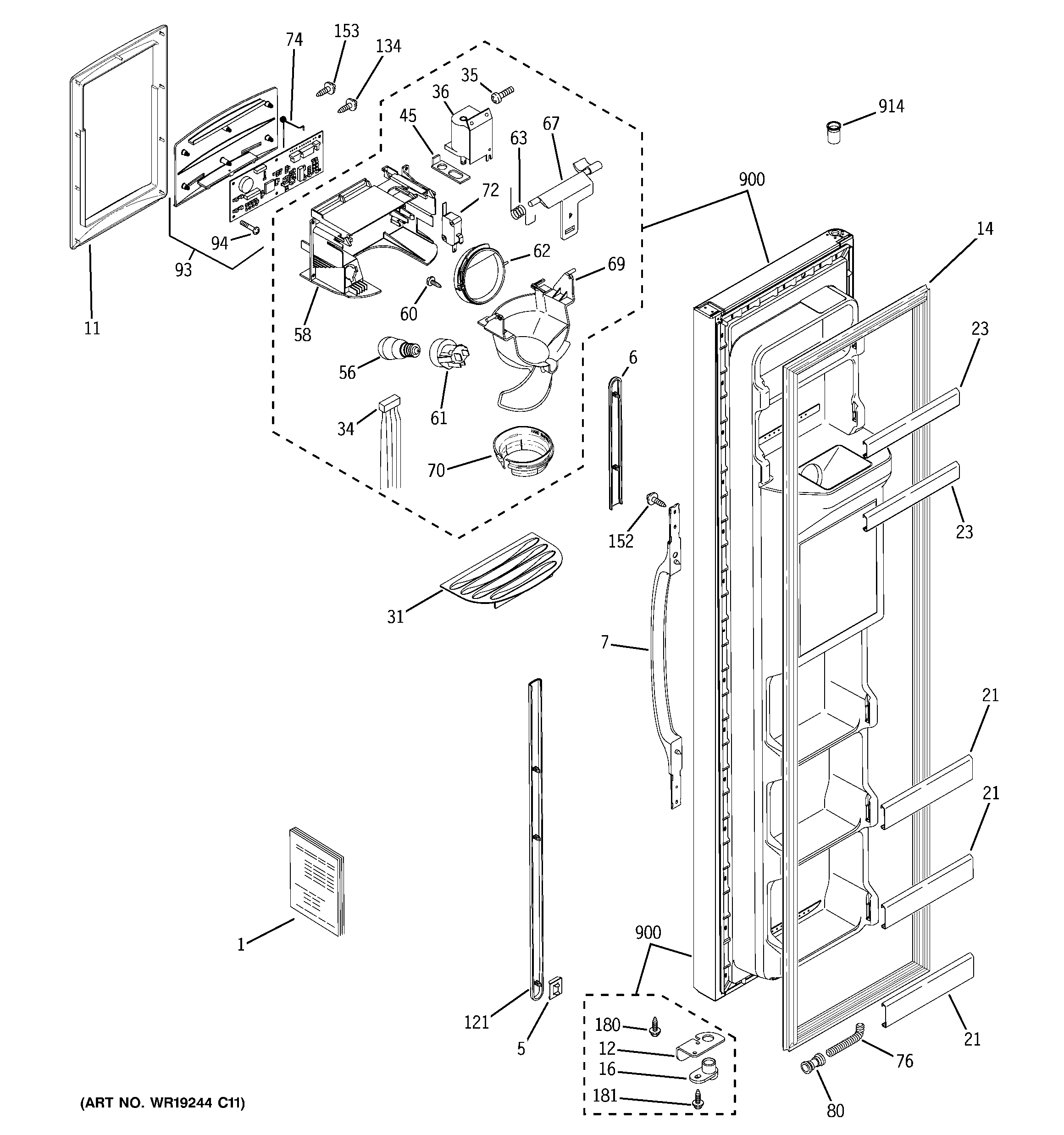 GE GSL25KGREBS freezer door diagram