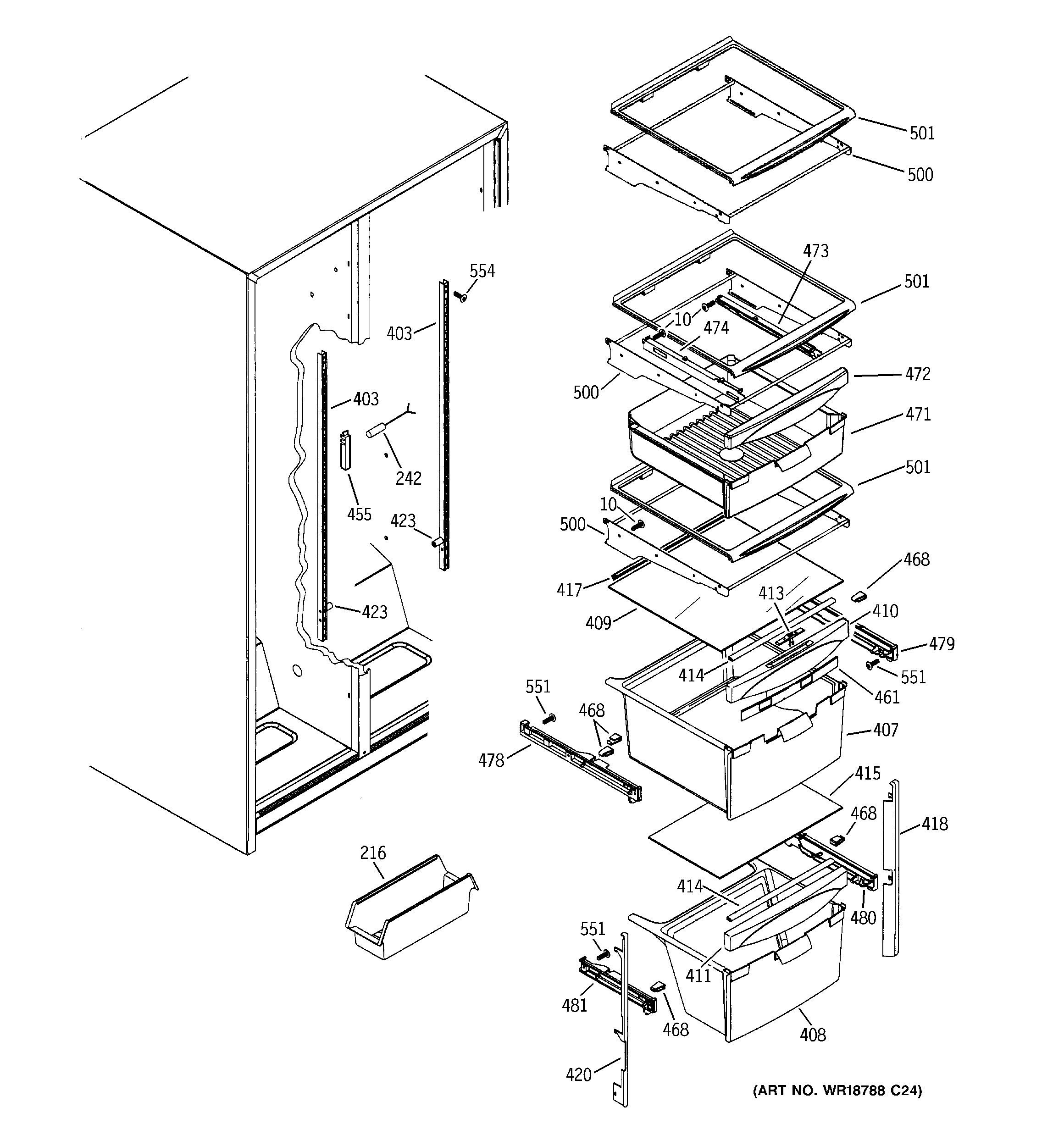 GE GSL25KGREBS fresh food shelves diagram