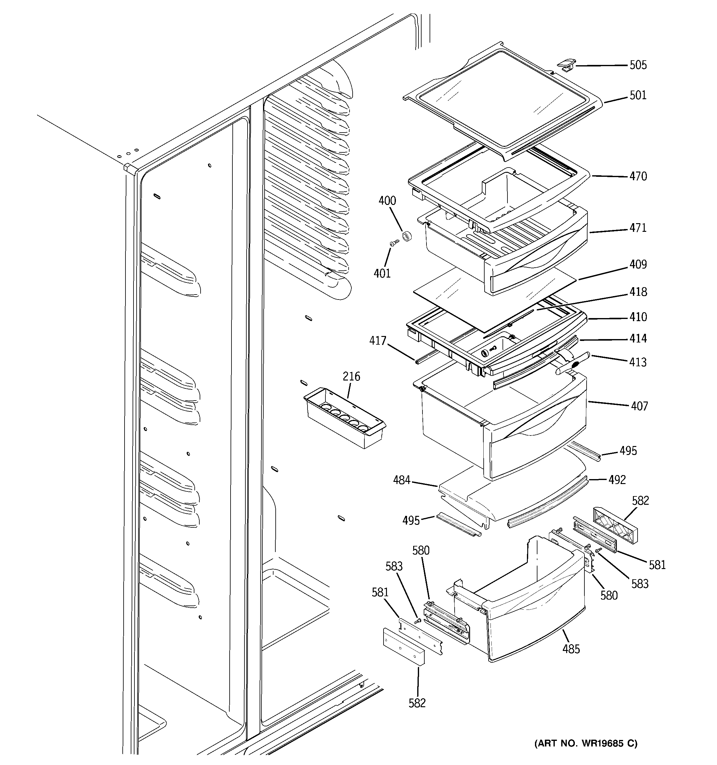 GE GIG21IESAFBB fresh food shelves diagram