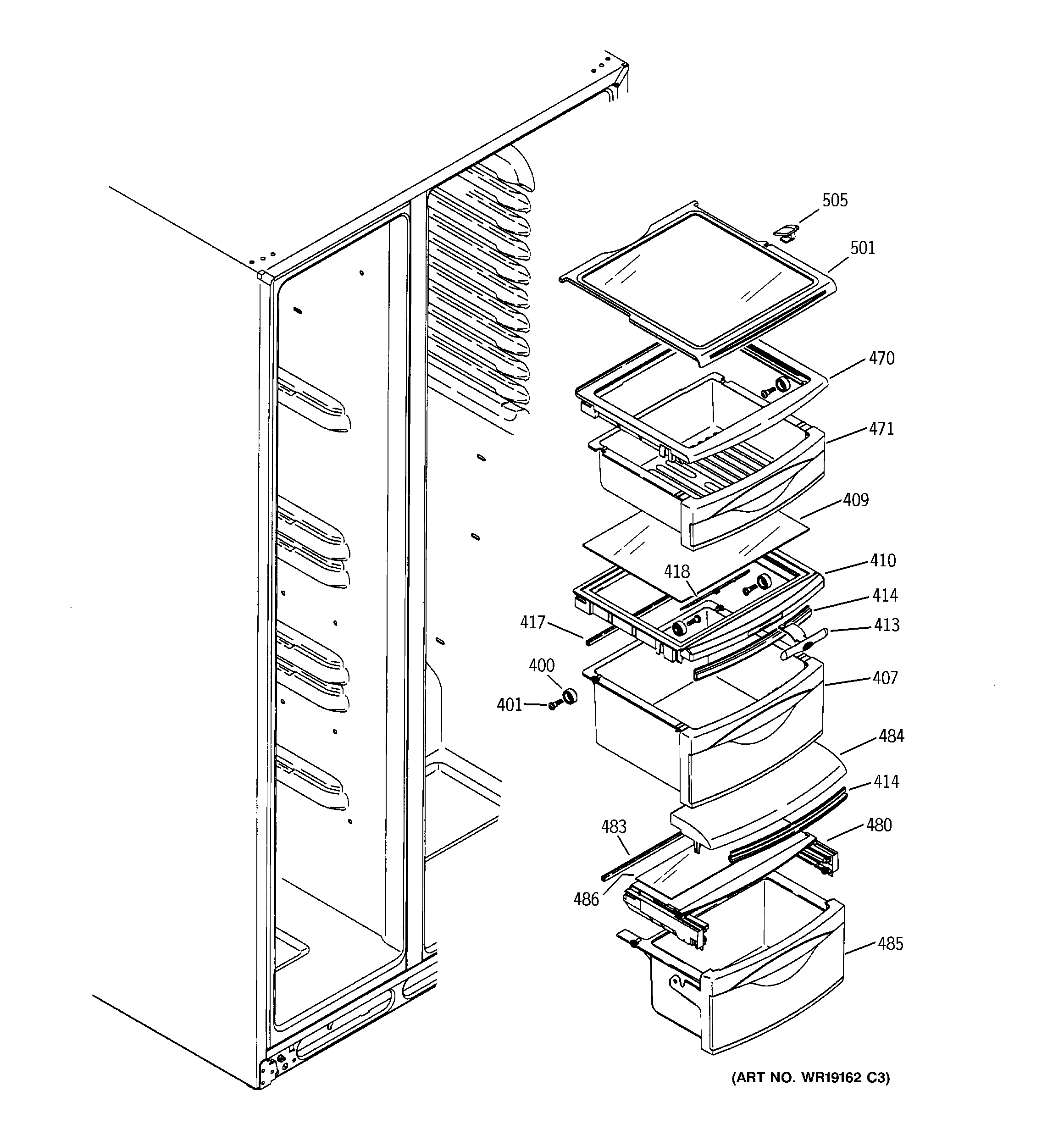 GE GSS25XSRCSS fresh food shelves diagram