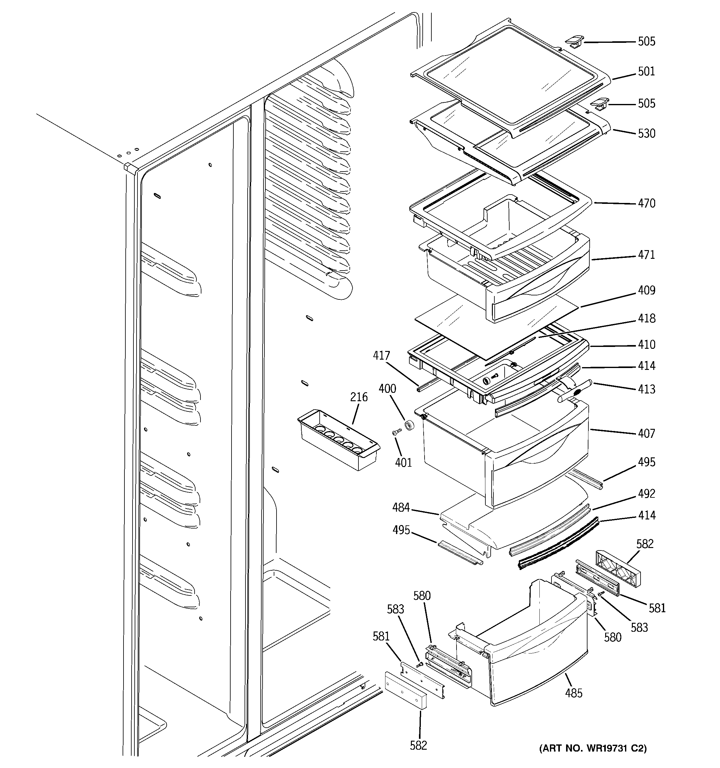 GE PCG23MISAFWW fresh food shelves diagram