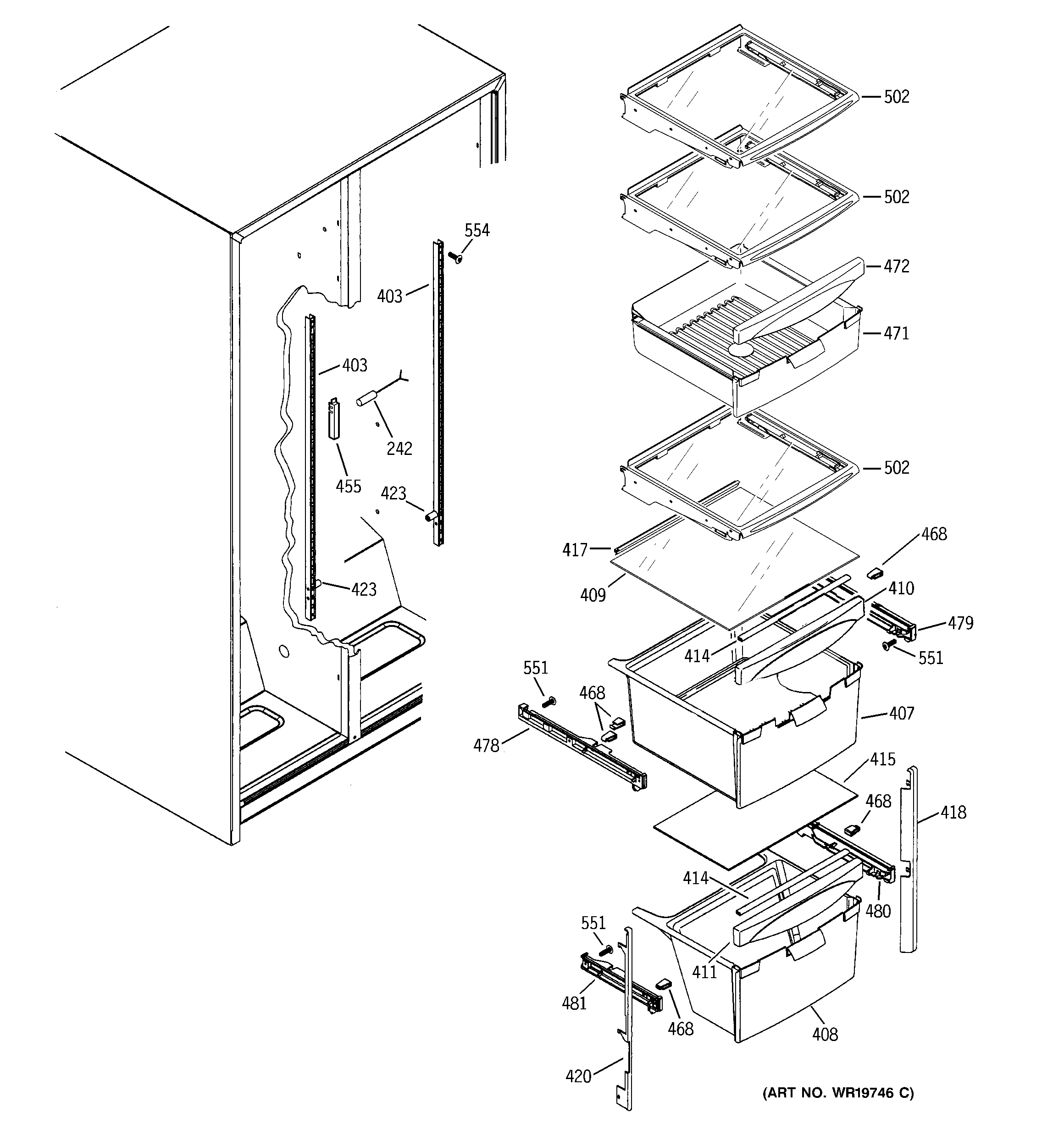 GE GSS22UFPHBB fresh food shelves diagram