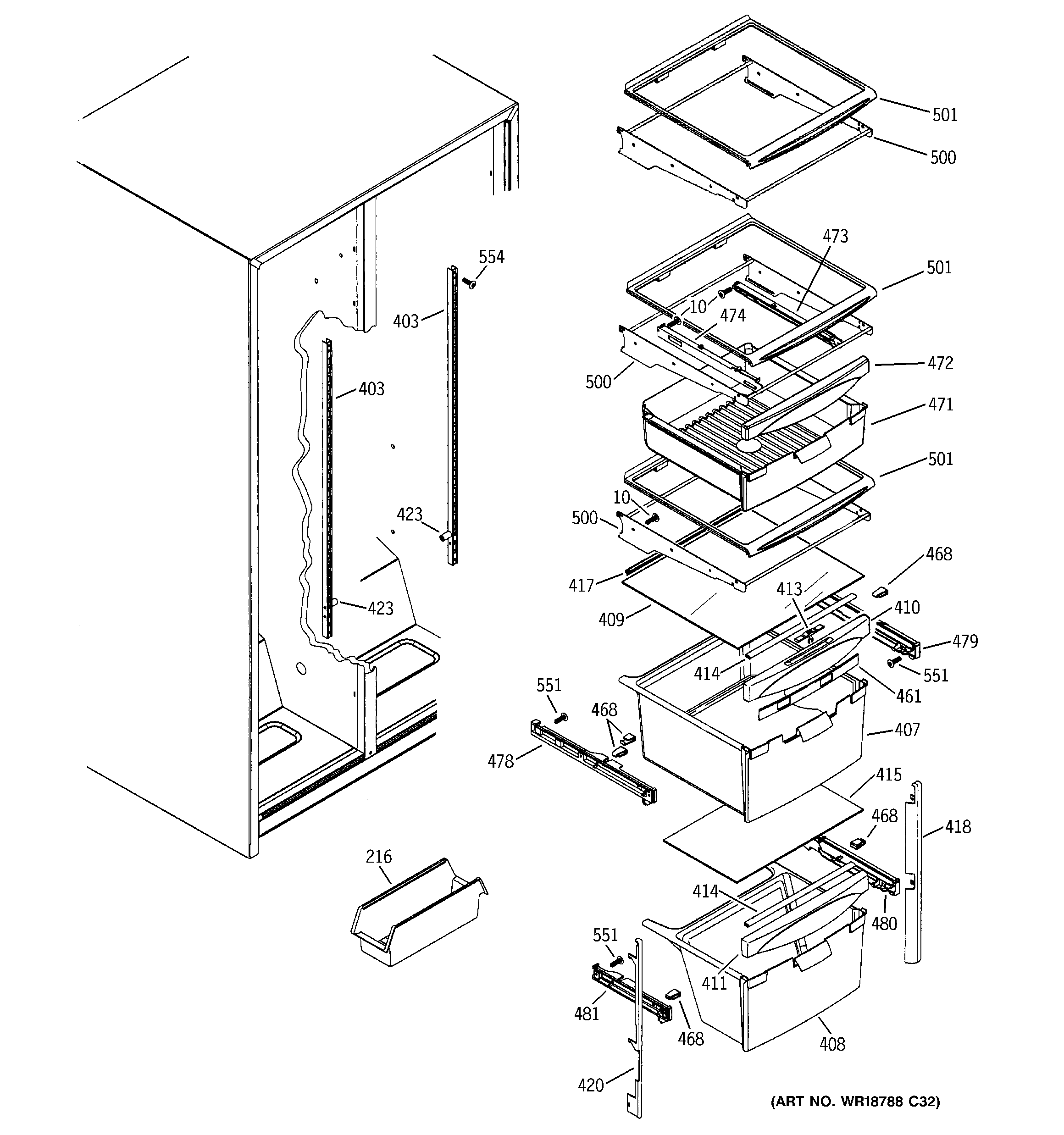 GE GSH25SGRESS fresh food shelves diagram