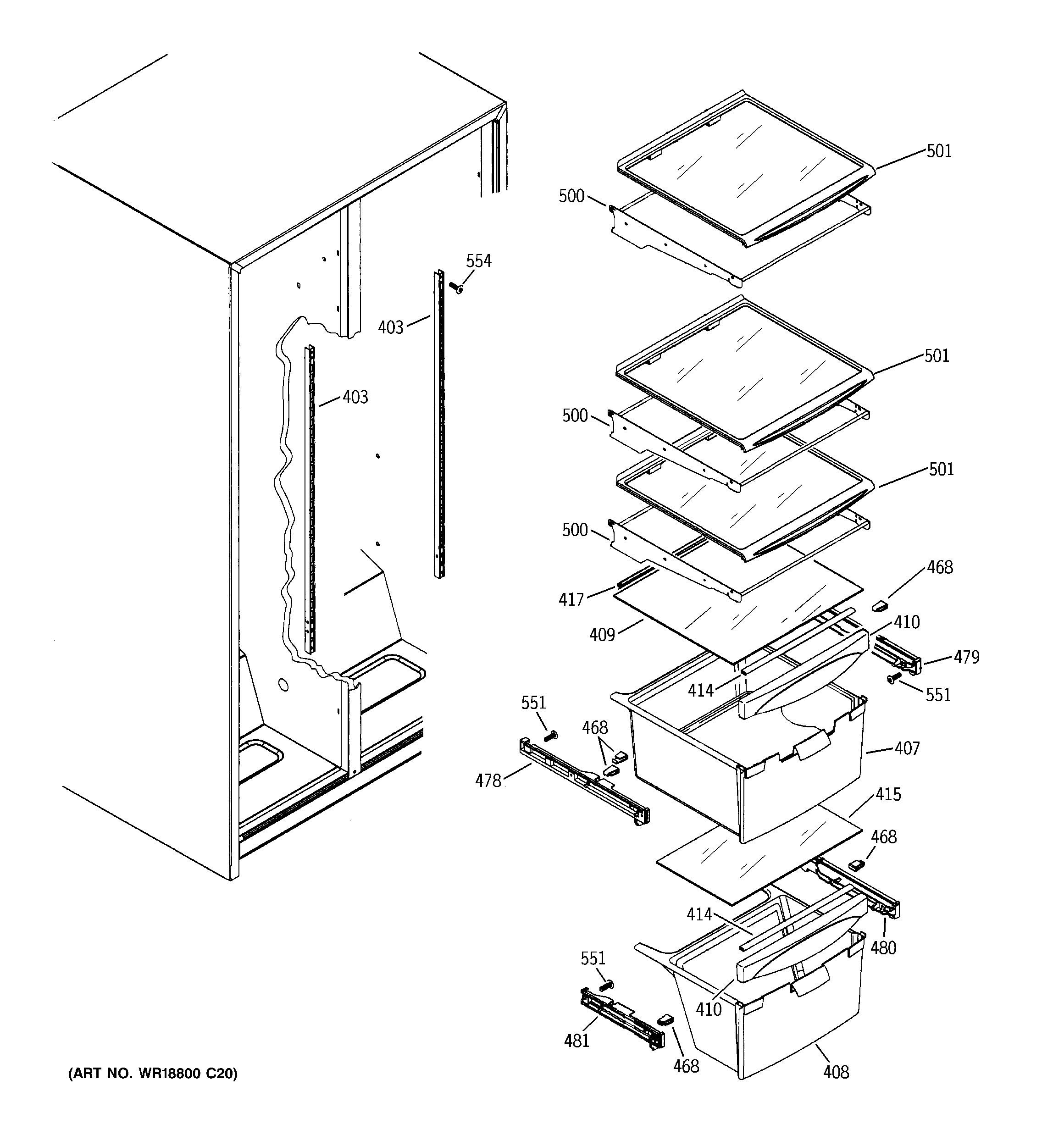 GE GSS25IFRECC fresh food shelves diagram