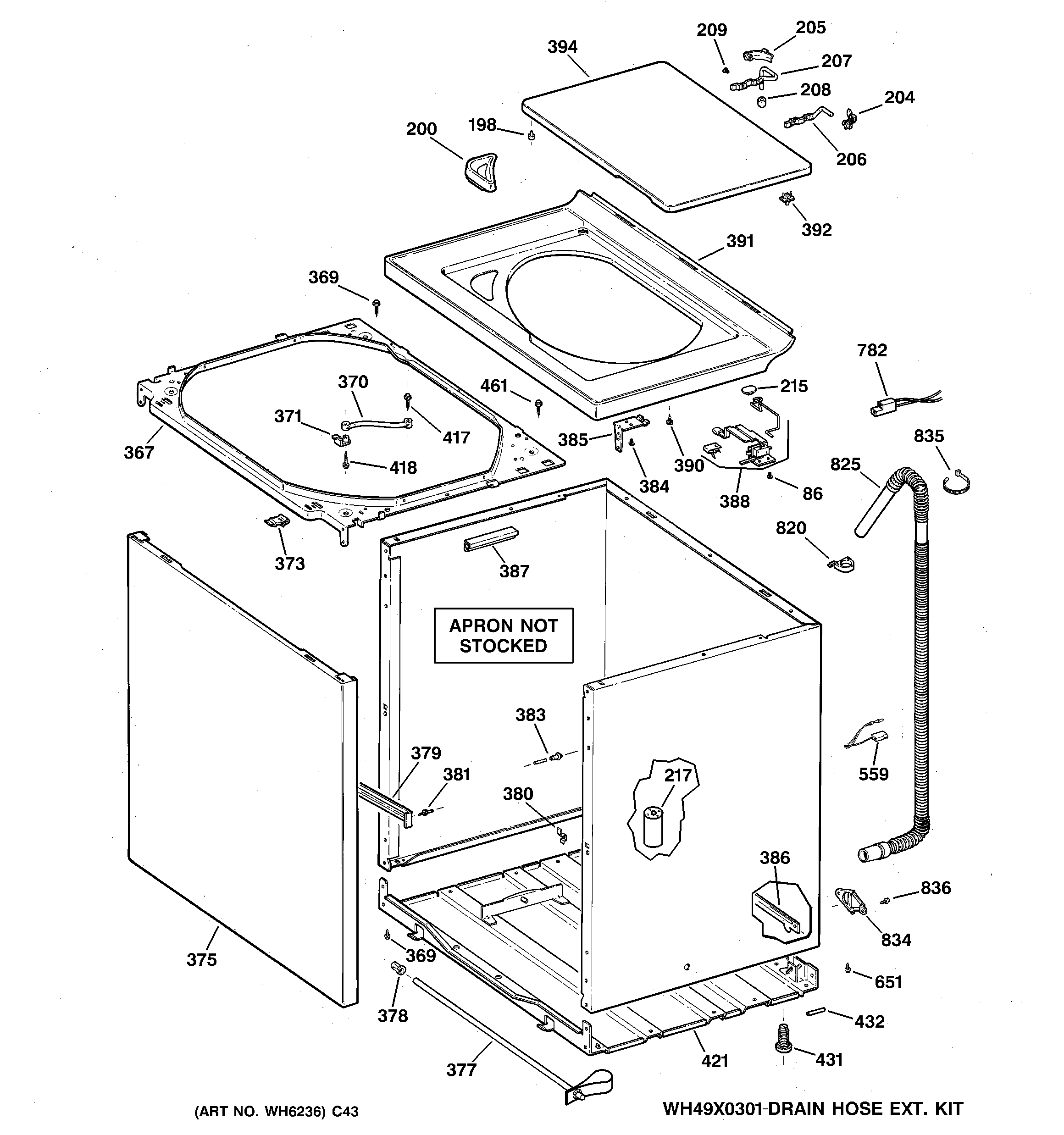GE WCSR2090D1WW cabinet, cover & front panel diagram