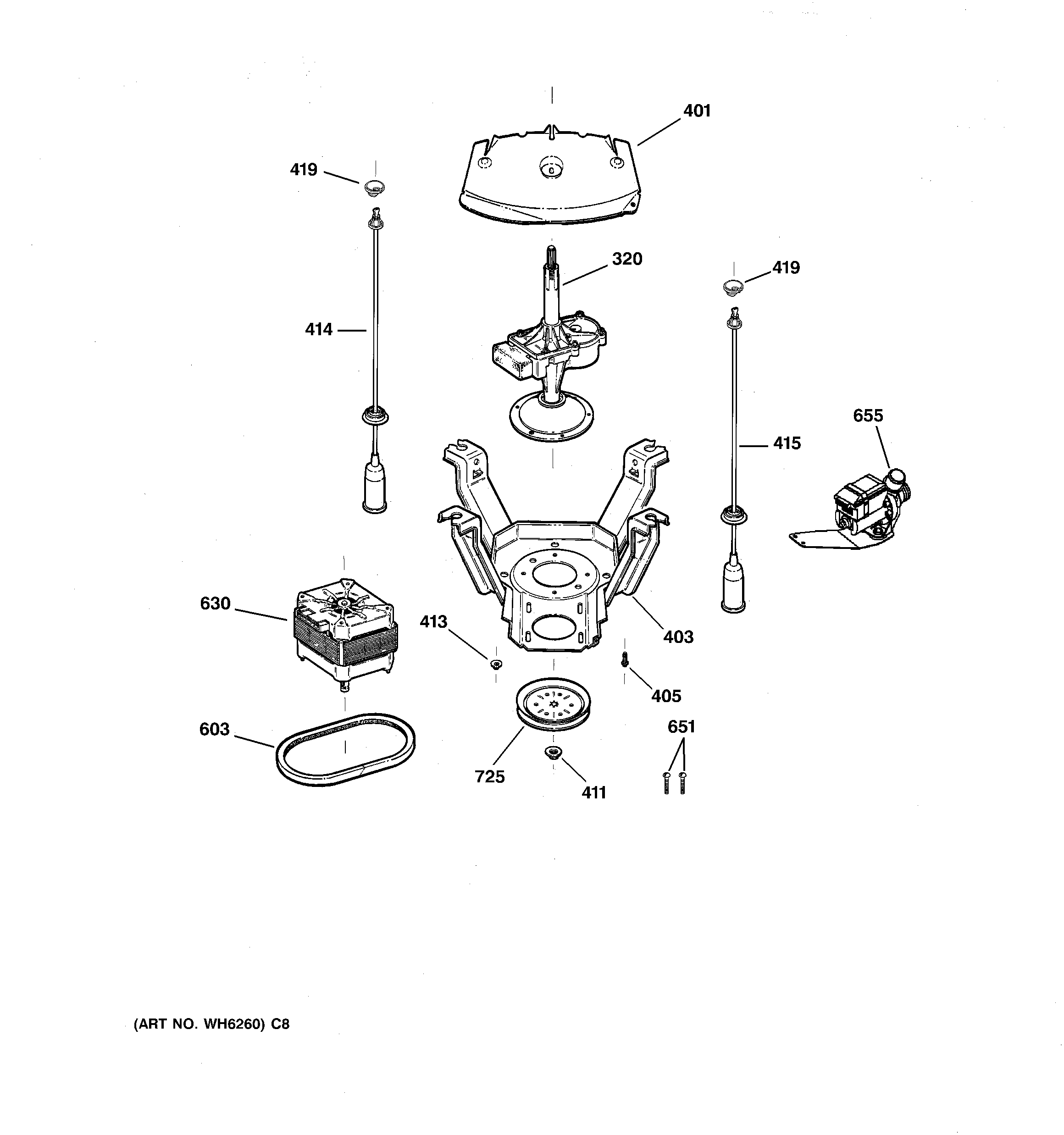 GE WJSR2070D1WW suspension, pump & drive components diagram