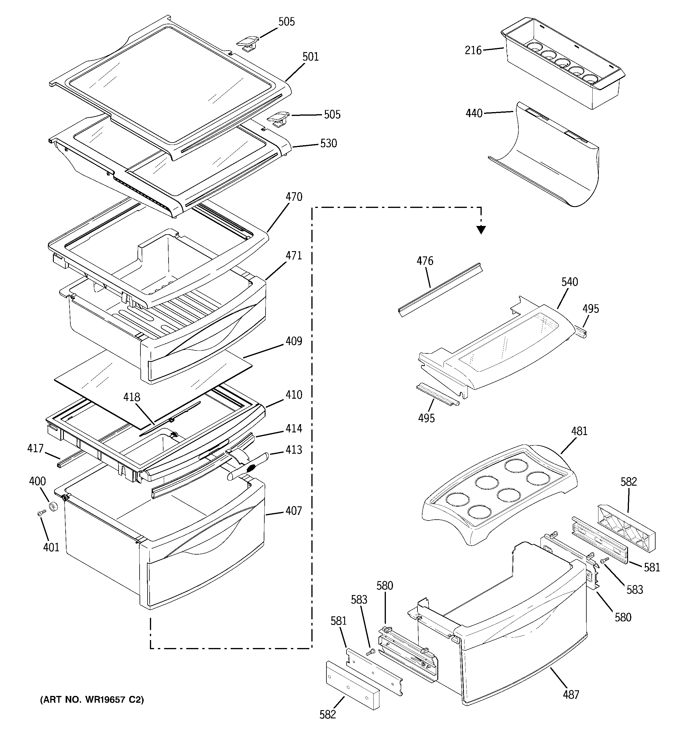 GE PSG27NGSAFWW fresh food shelves diagram