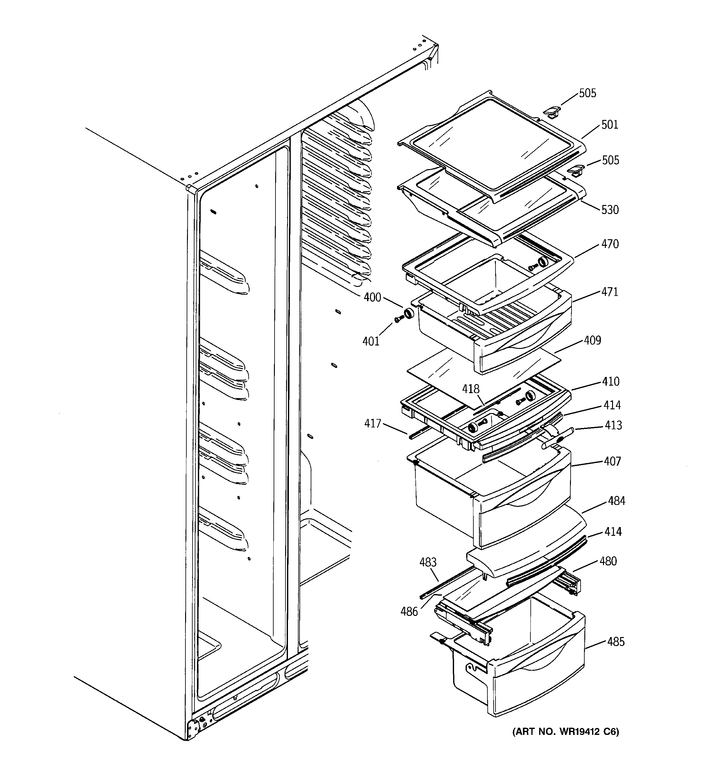 GE PSR26LSRBSS fresh food shelves diagram