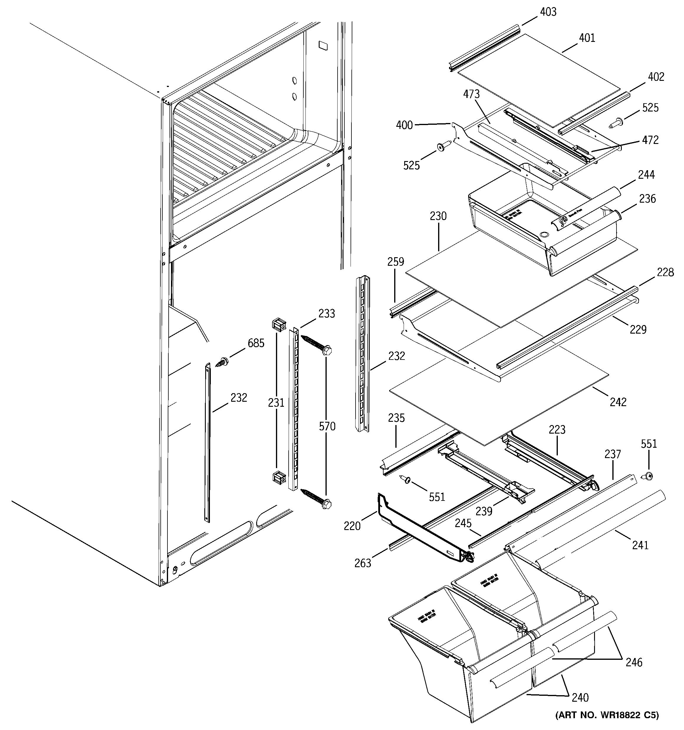 GE STS18ZCPFRWW fresh food shelves diagram