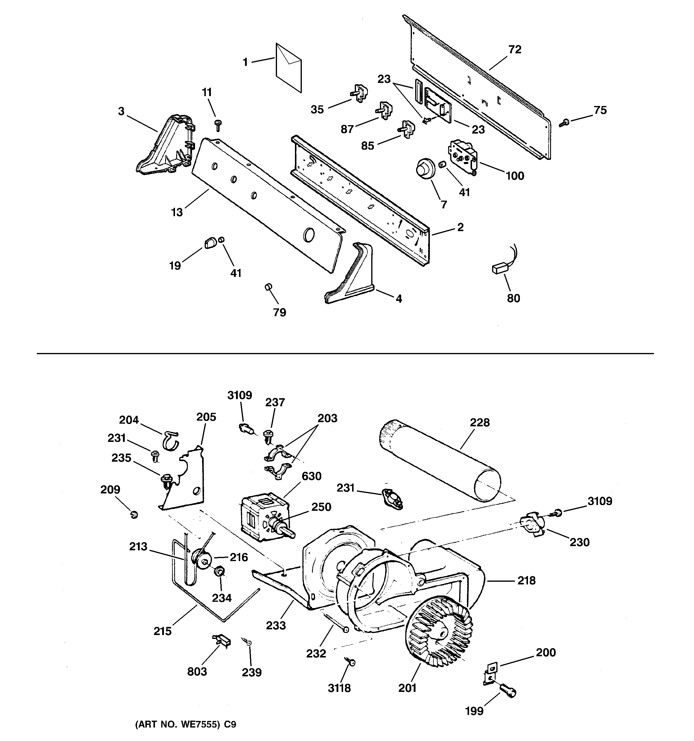 GE DPSR513EA2AA backsplash, blower & motor assembly diagram