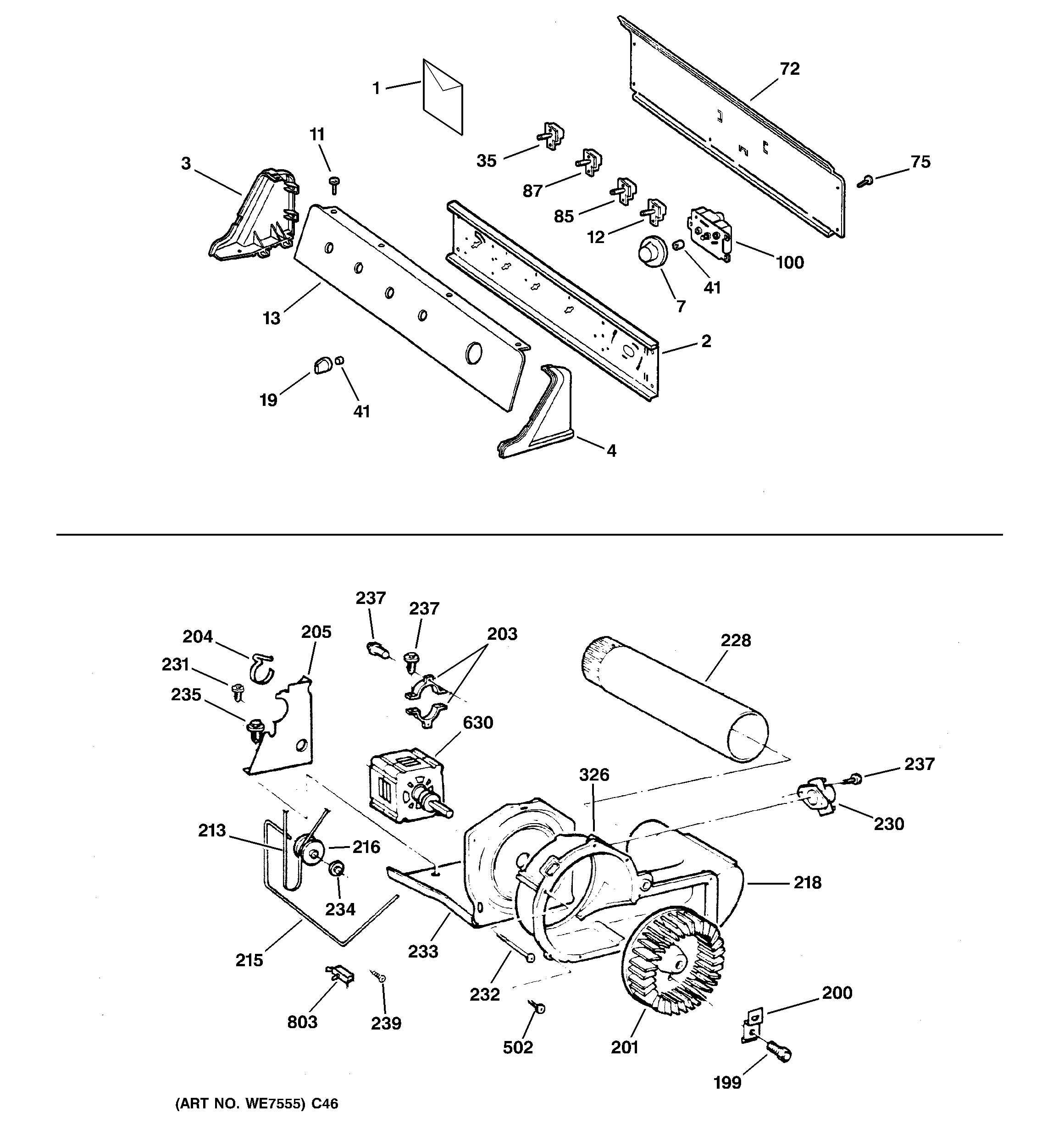 GE DQSR483GE1WW backsplash, blower & motor assembly diagram
