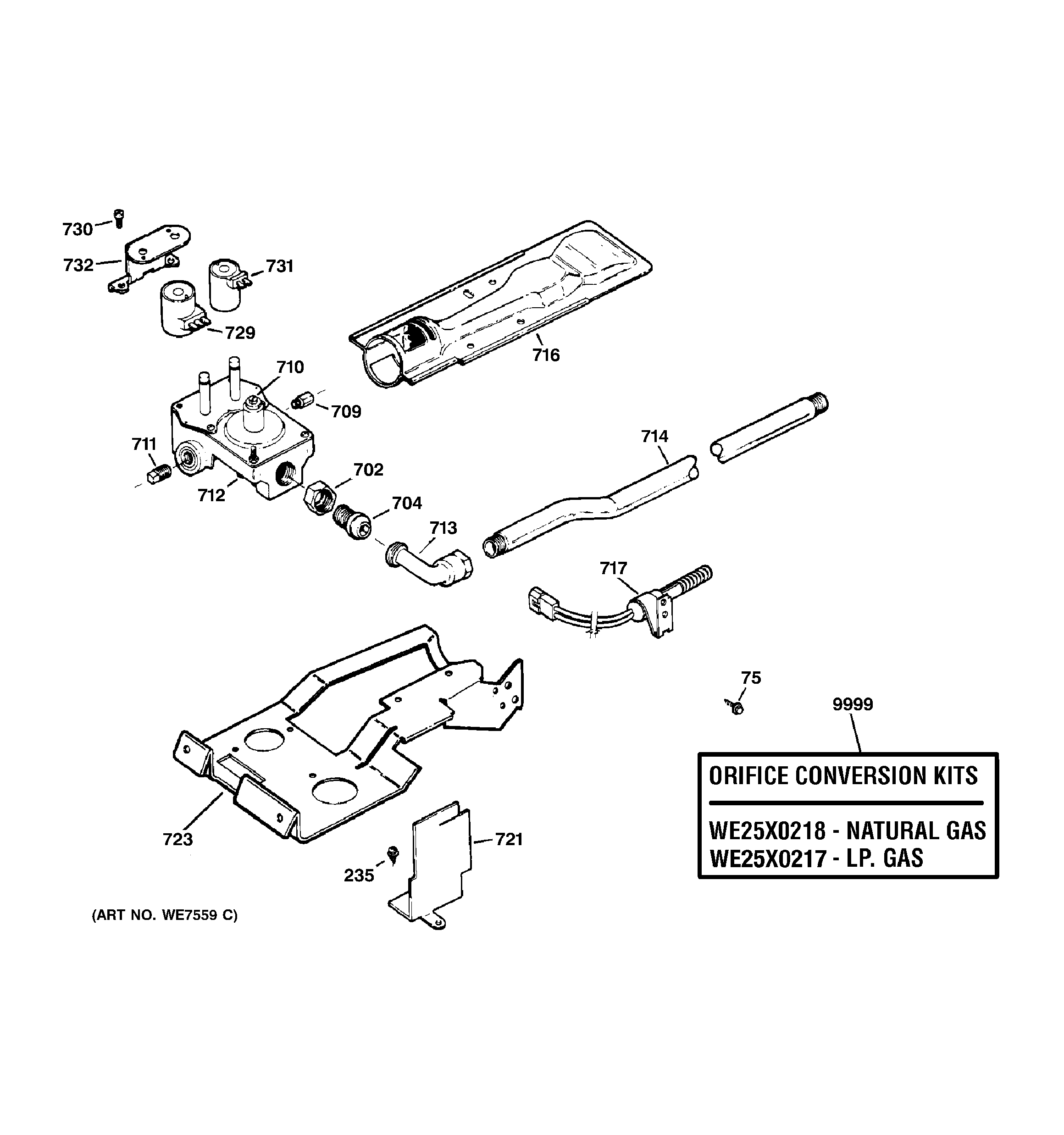 GE DQSR483GE1WW gas valve & burner assembly diagram