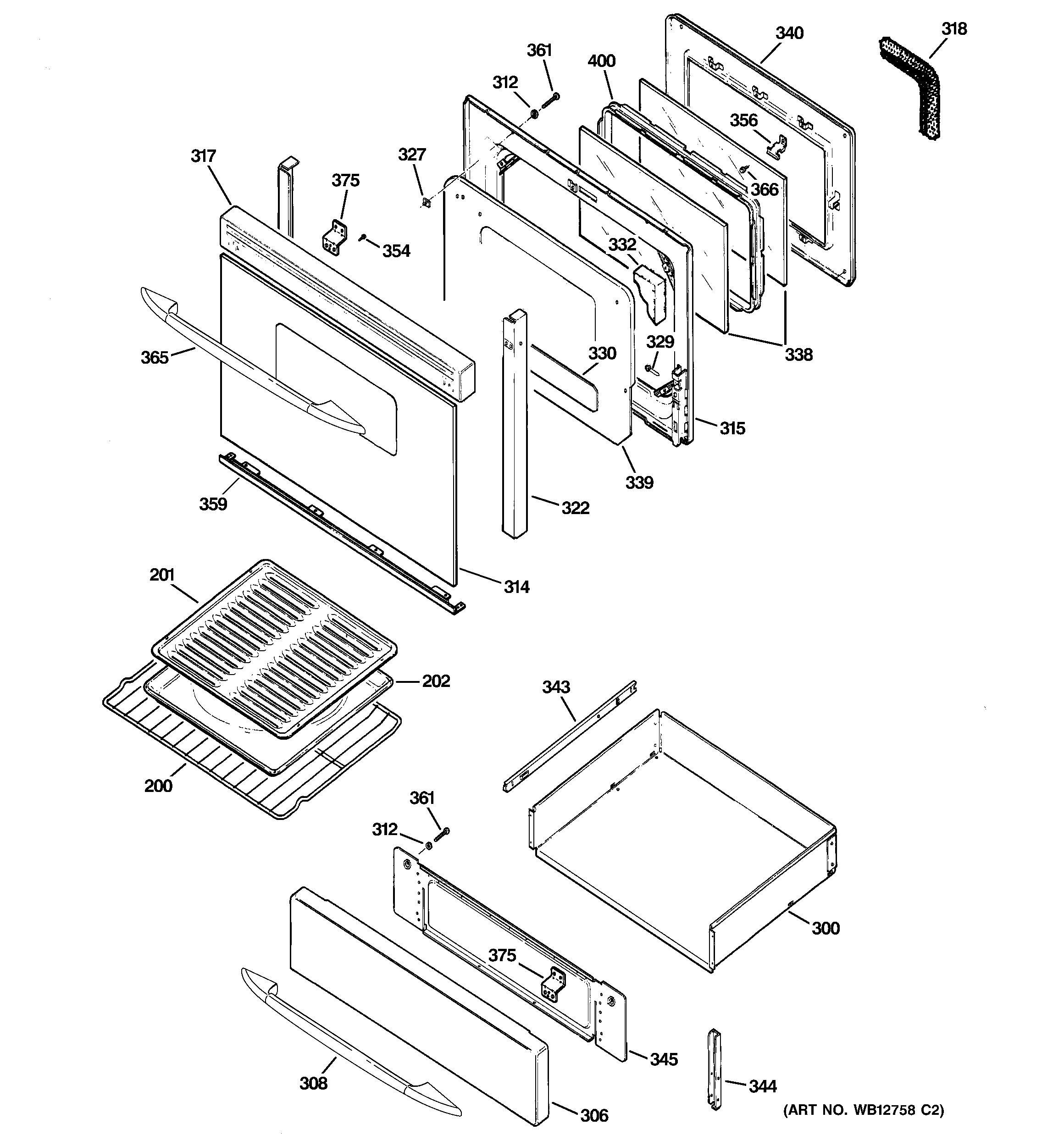 GE JGB902BEH2BB door & drawer parts diagram