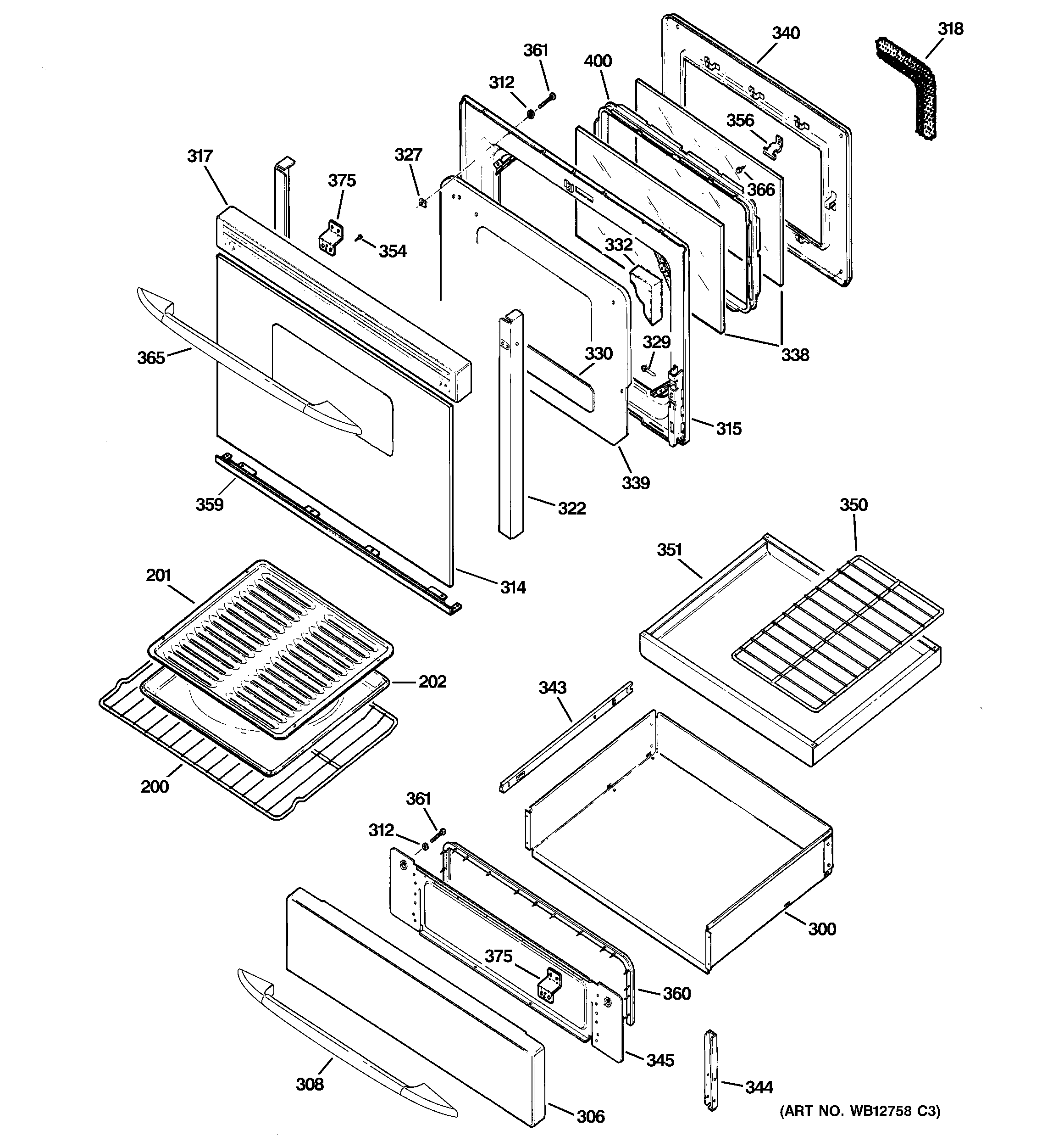 GE JGB905CEF1CC door & drawer parts diagram