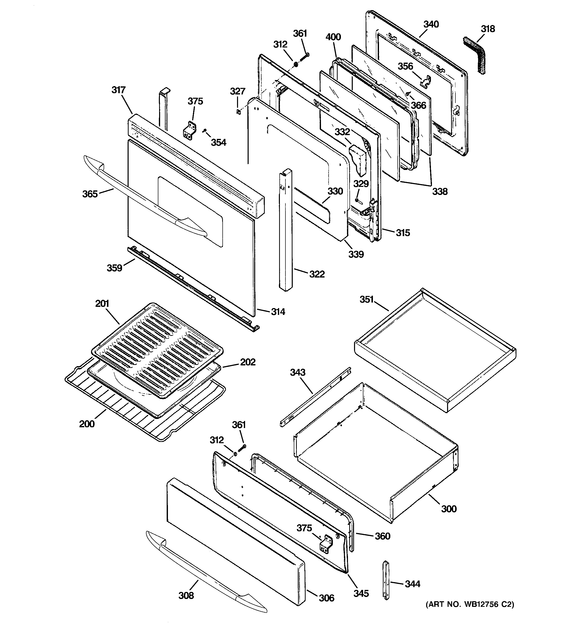 GE JGB915CEF2CC door & drawer parts diagram