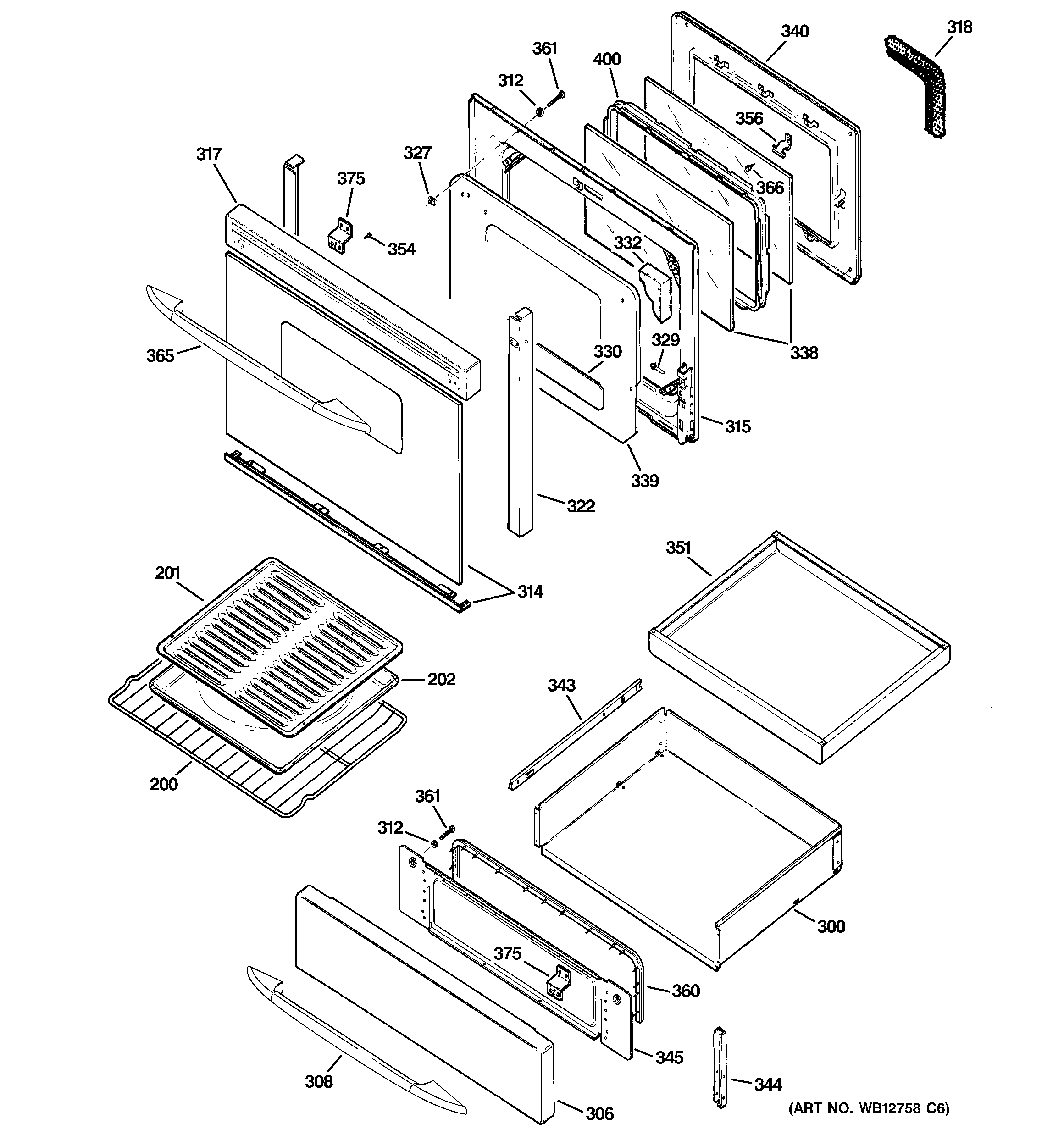 GE JGB915SEF2SS door & drawer parts diagram