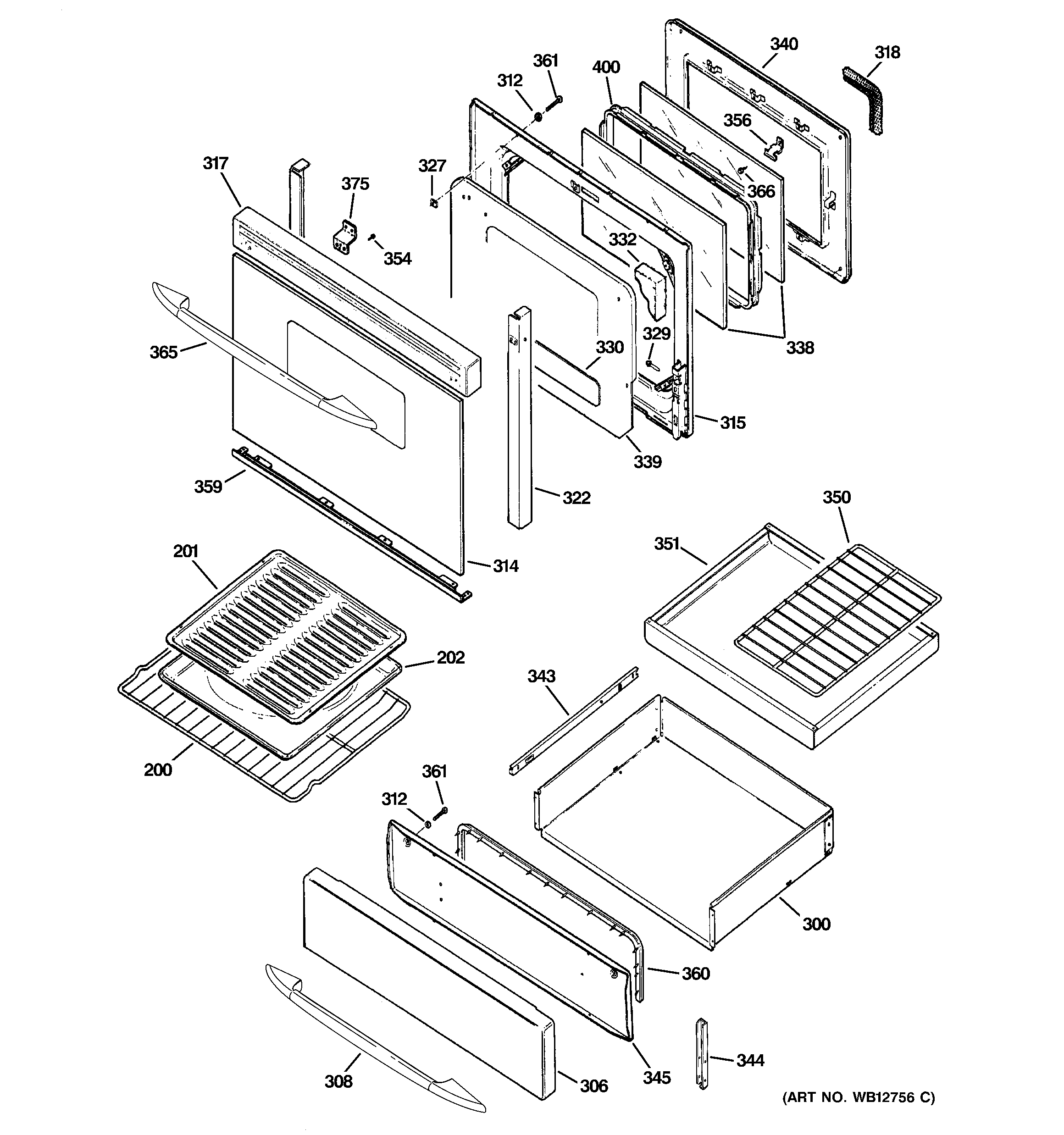 GE JGB920TEF1WW door & drawer parts diagram