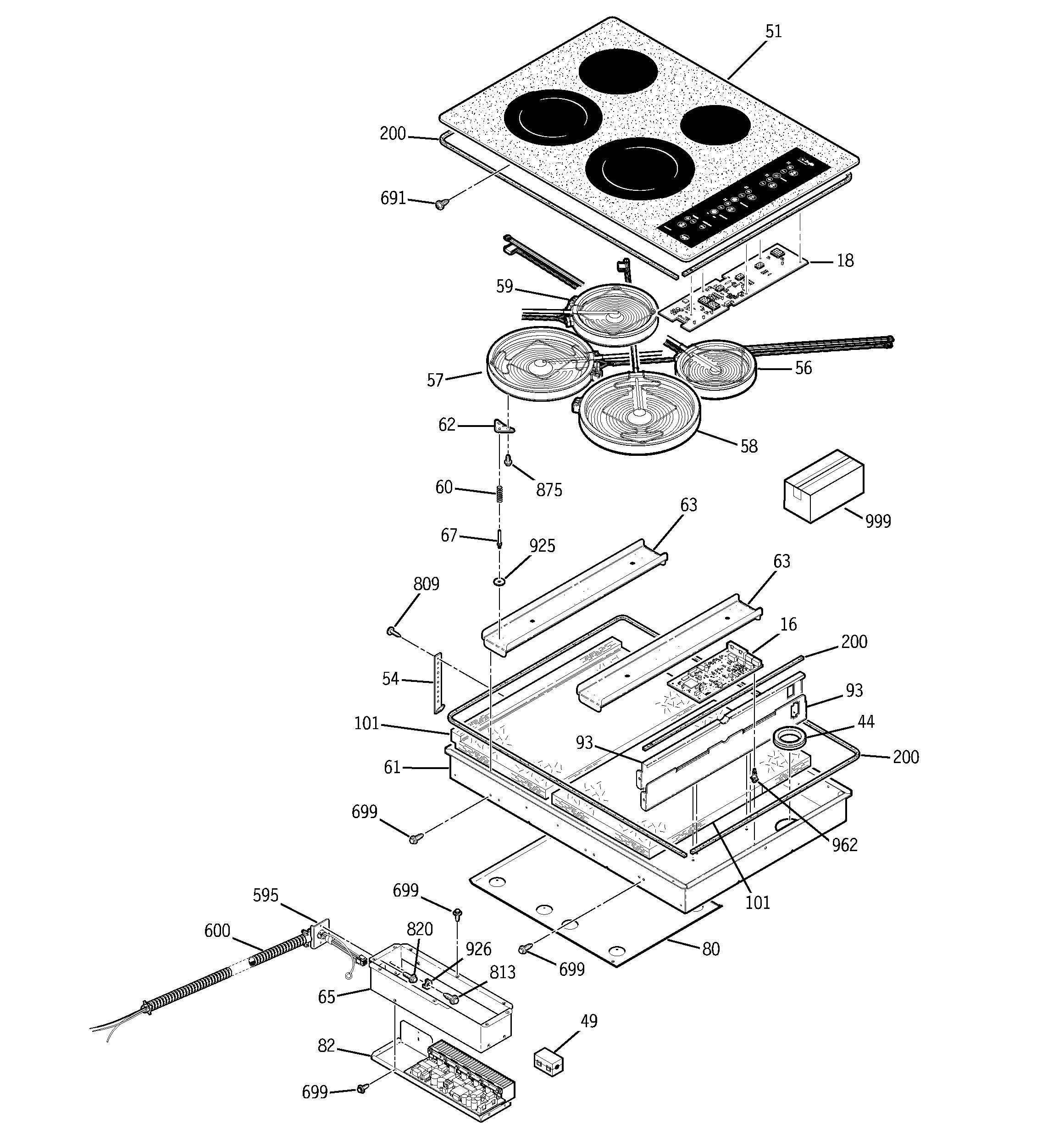 GE JP950SK1SS control panel & cooktop diagram