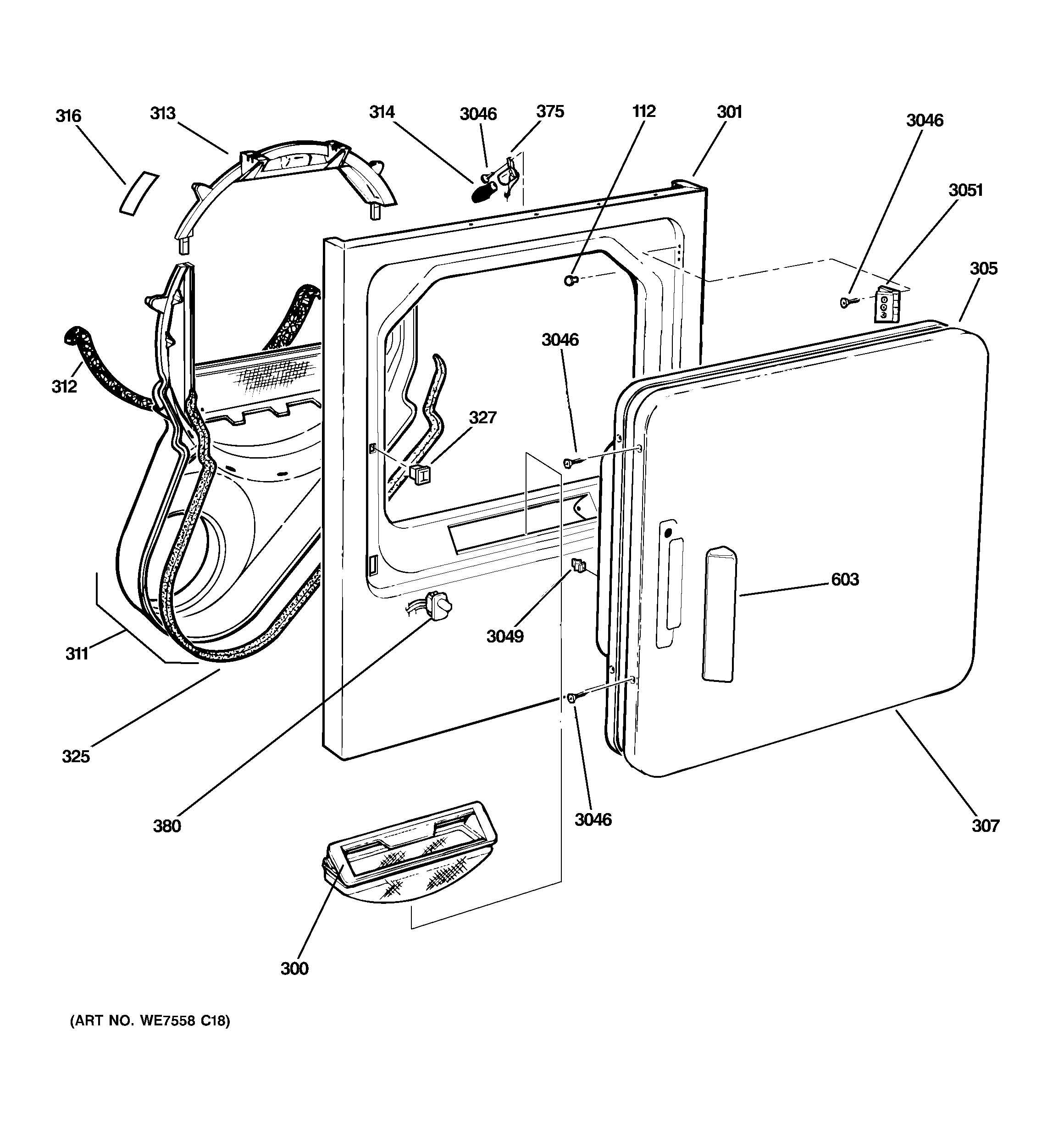 GE DLSR483EE1CC front panel & door diagram