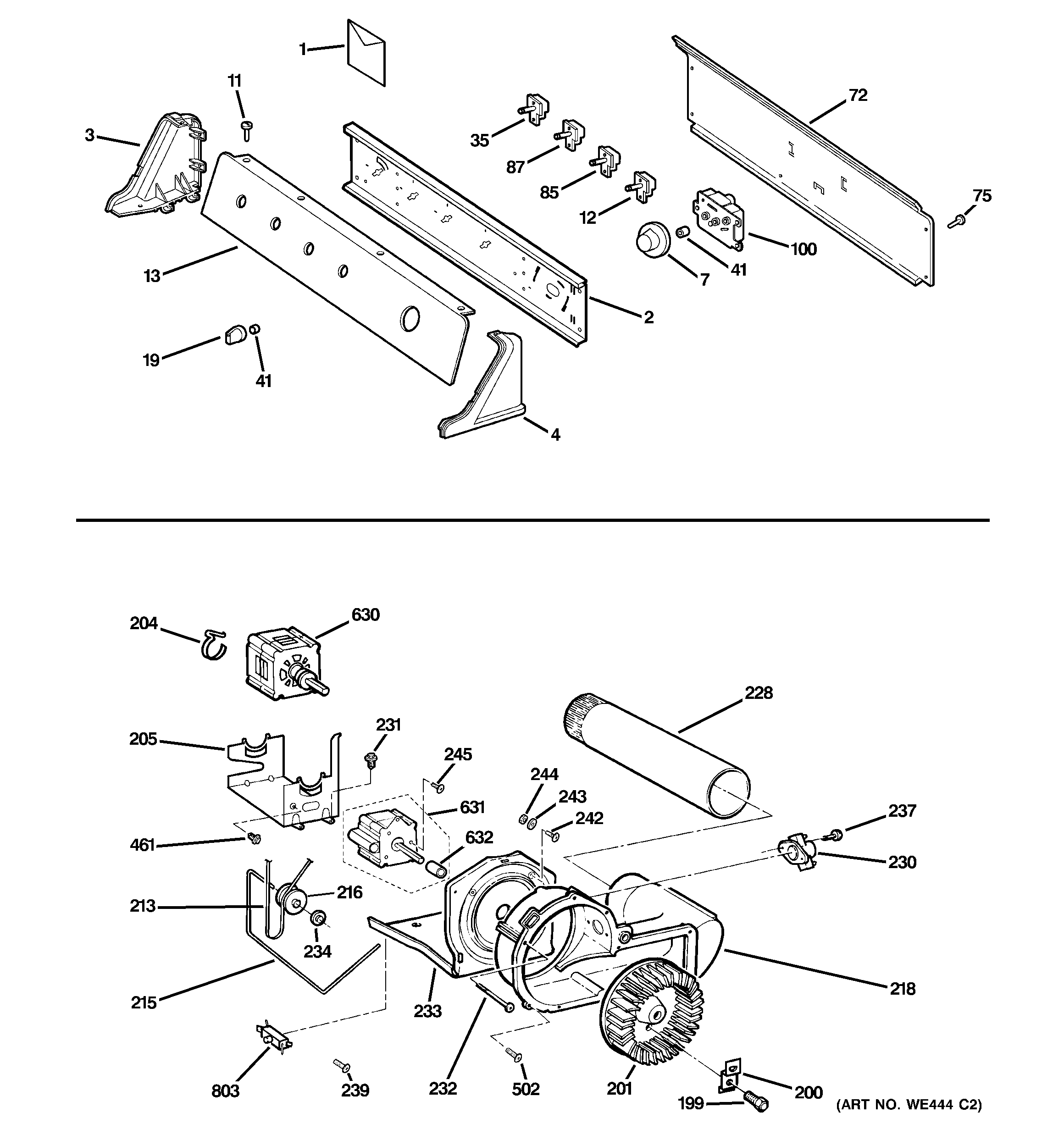 GE DLSR483GE0CC backsplash, blower & motor assembly diagram