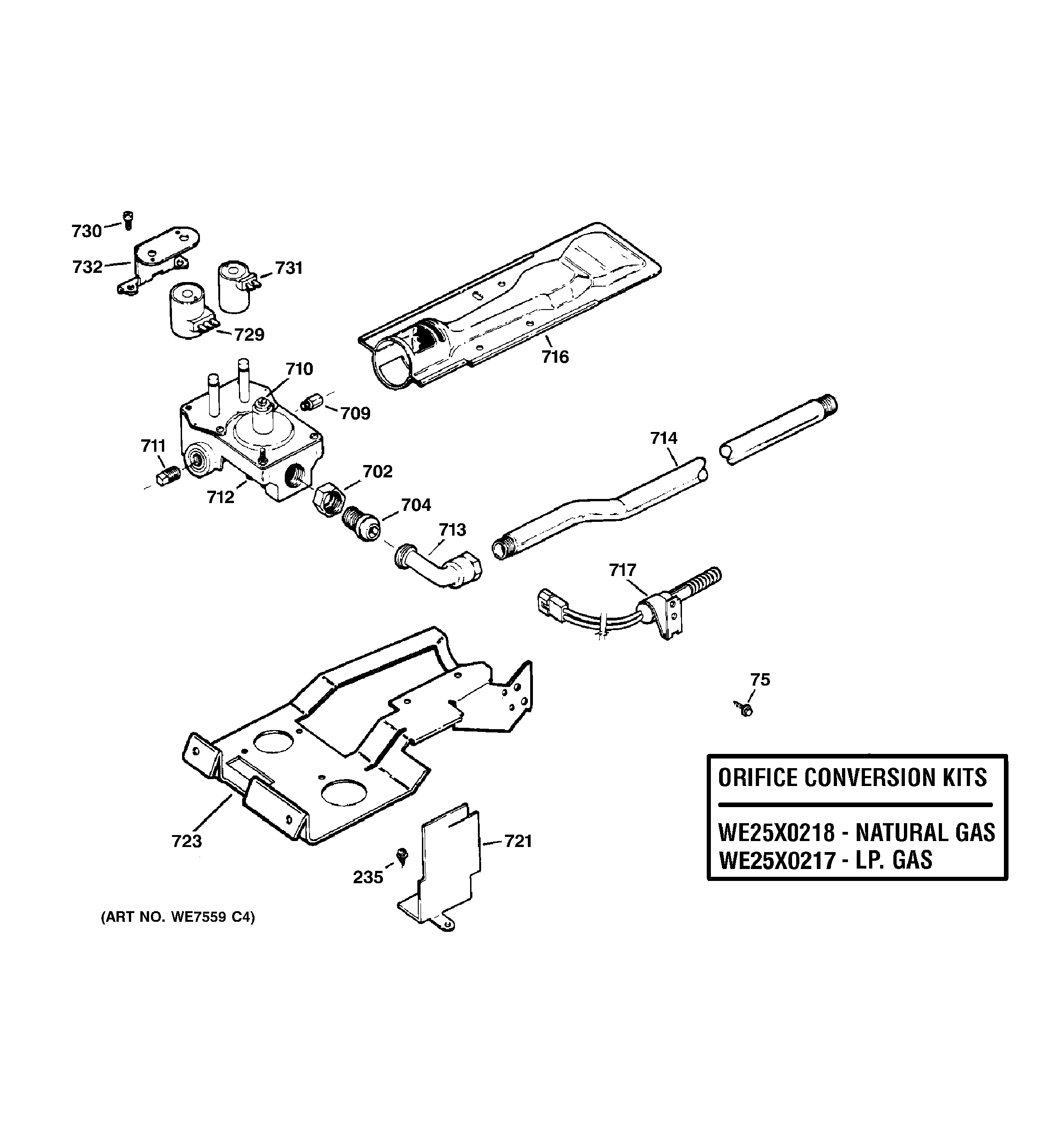 GE DLSR483GE0CC gas valve & burner assembly diagram