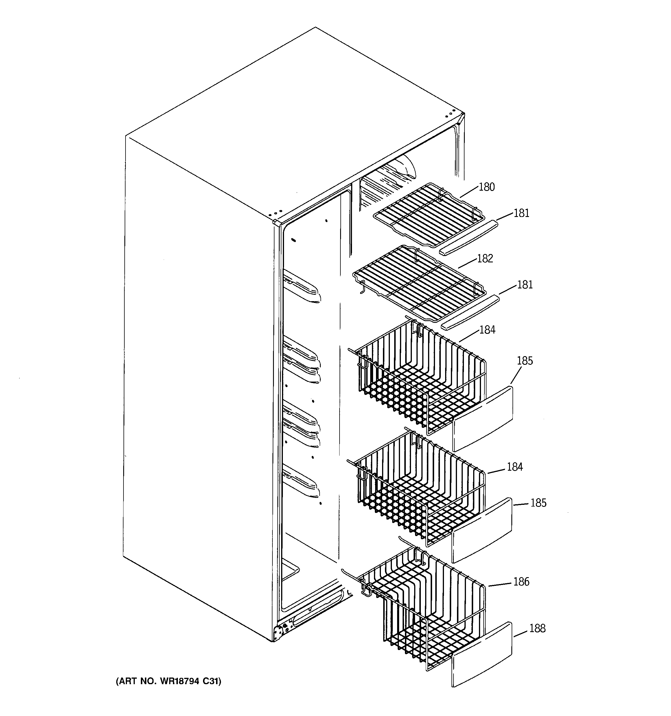 GE PSS23MSSASS freezer shelves diagram