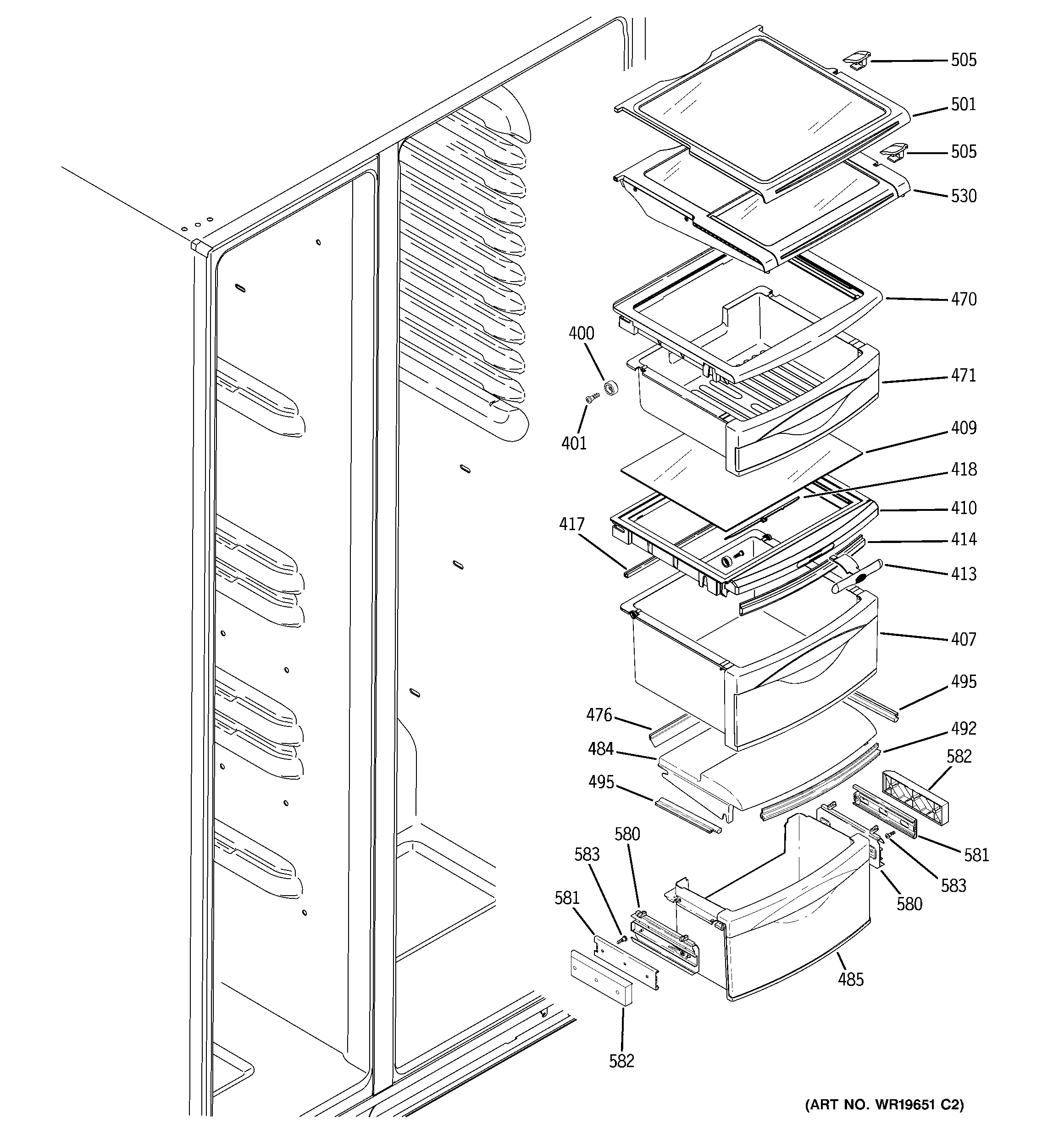 GE PSS23MSSASS fresh food shelves diagram