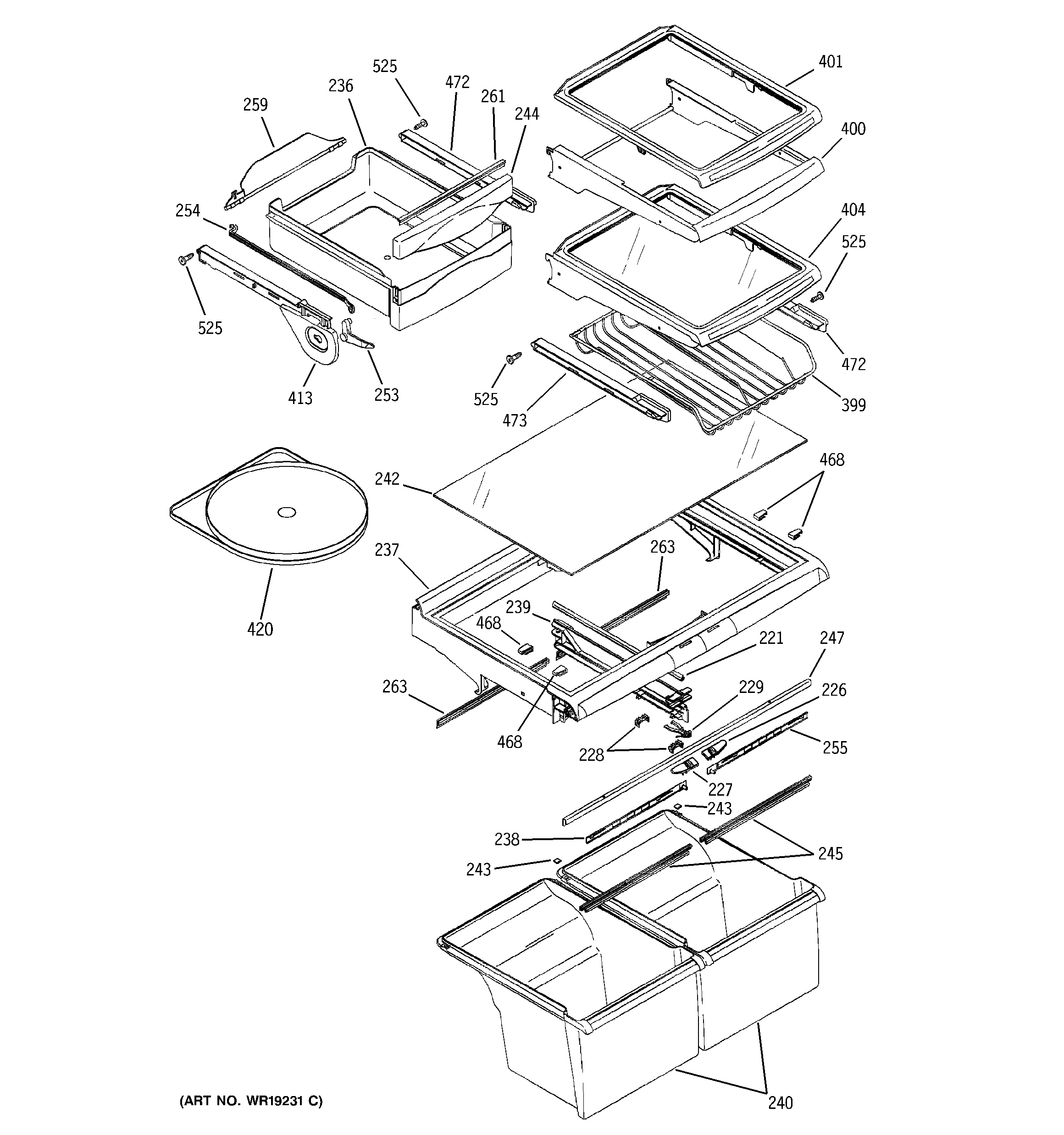 GE PTG22SBSARSS fresh food shelves diagram
