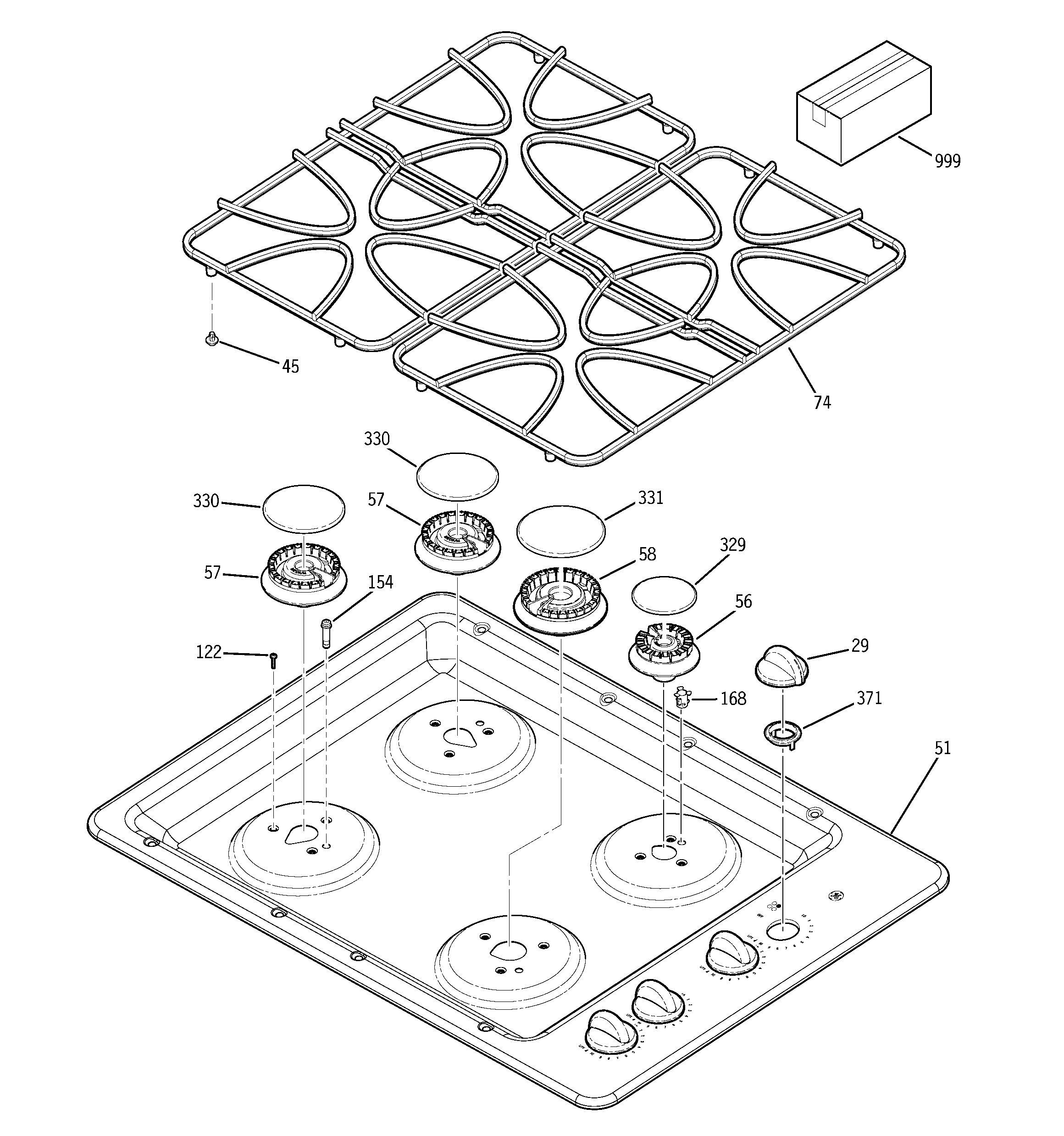 GE JGP330BEK1BB cooktop diagram