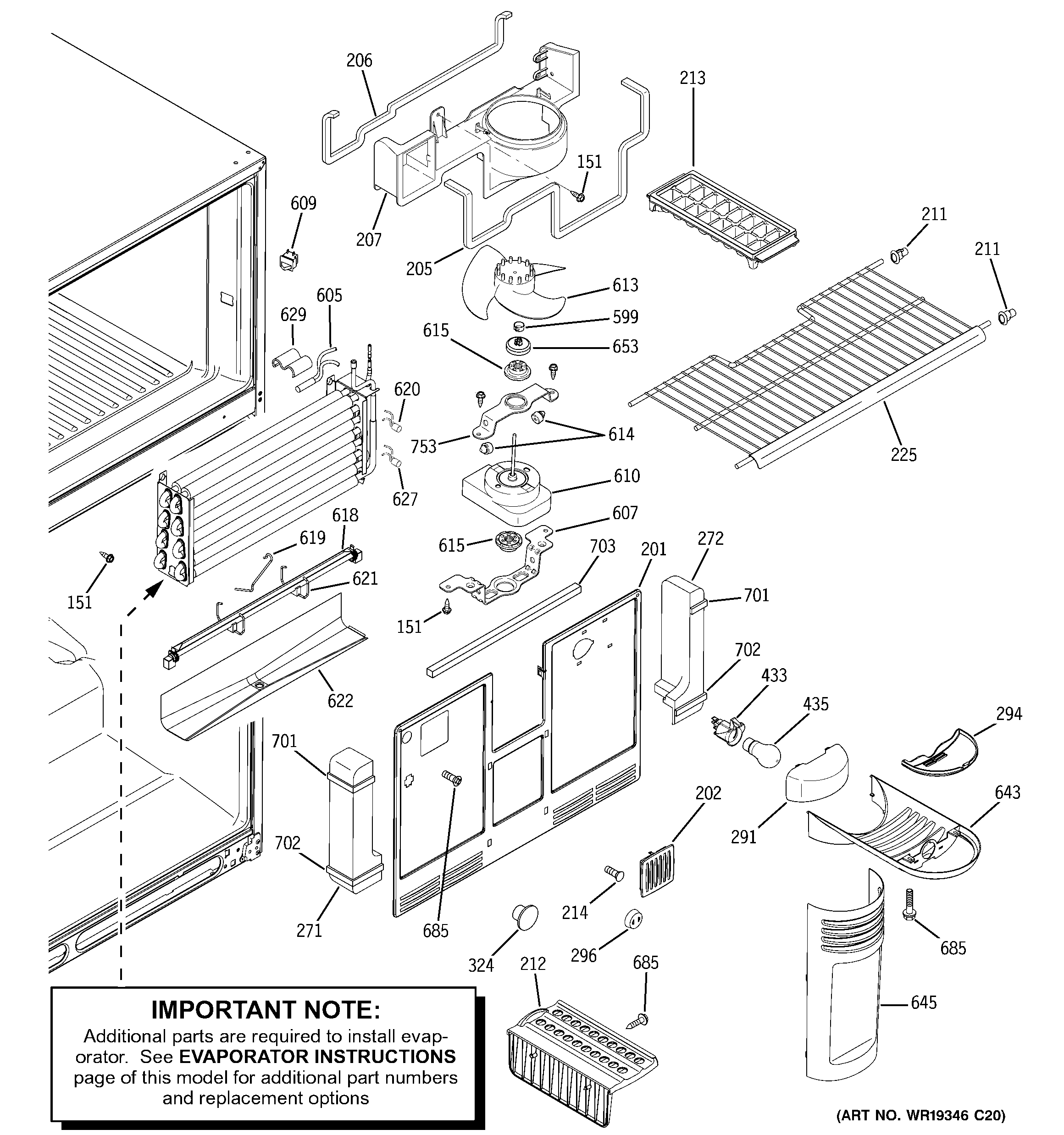 GE GTS22KBPARWW freezer section diagram