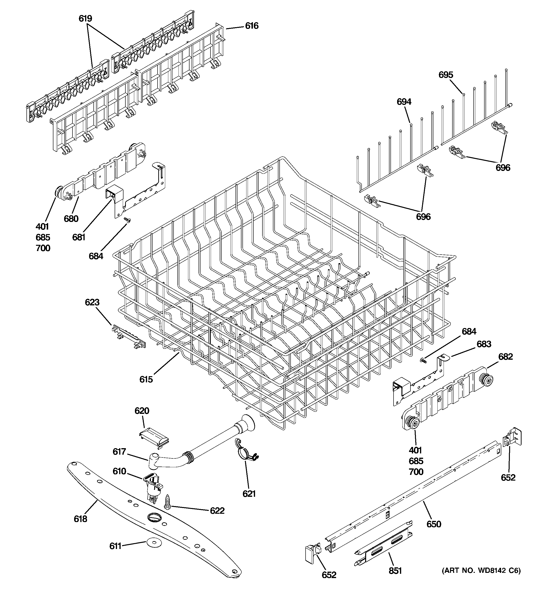 GE PDW8400J10WW upper rack assembly diagram