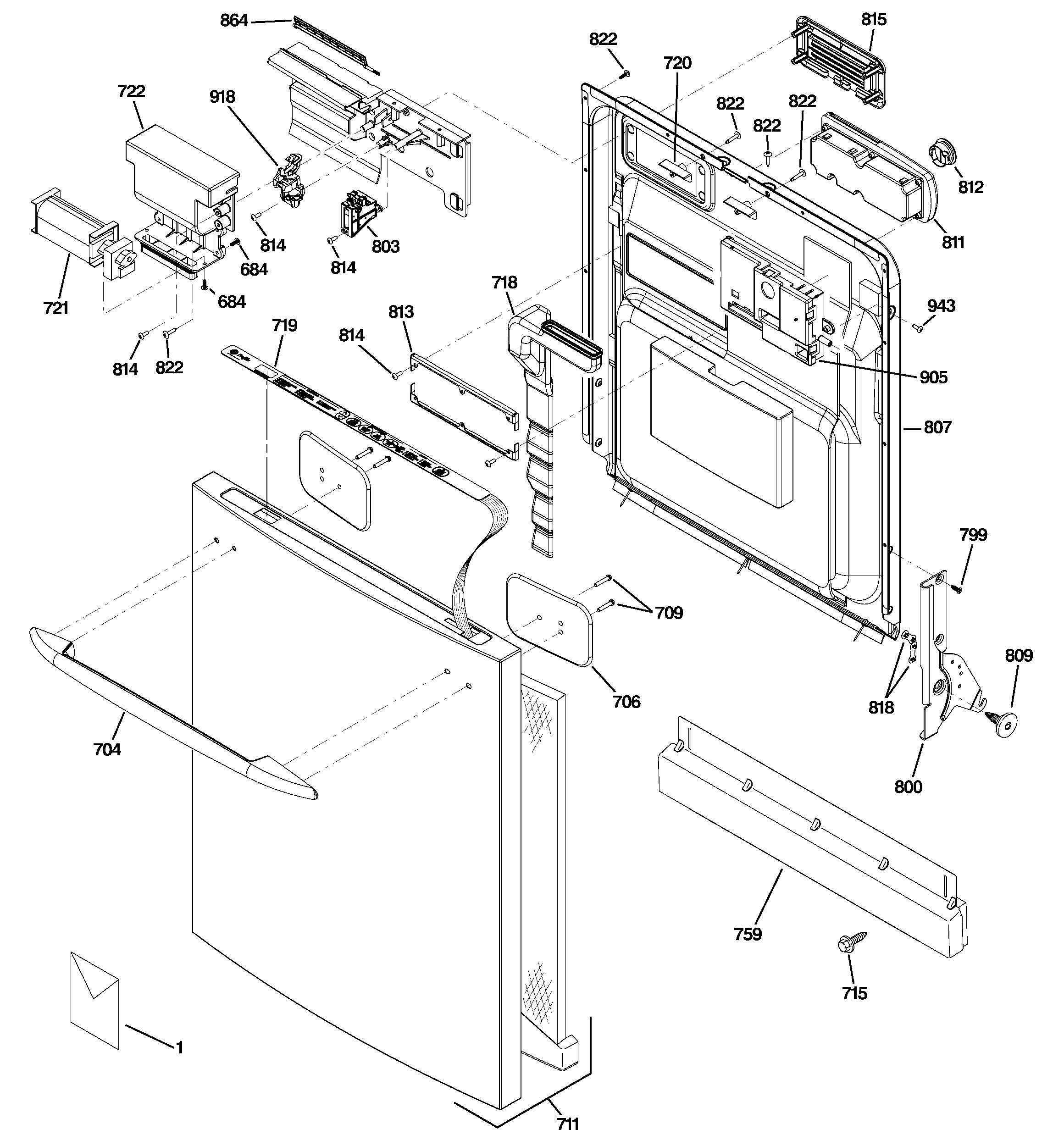 GE PDW9280J10SS escutcheon & door assembly diagram