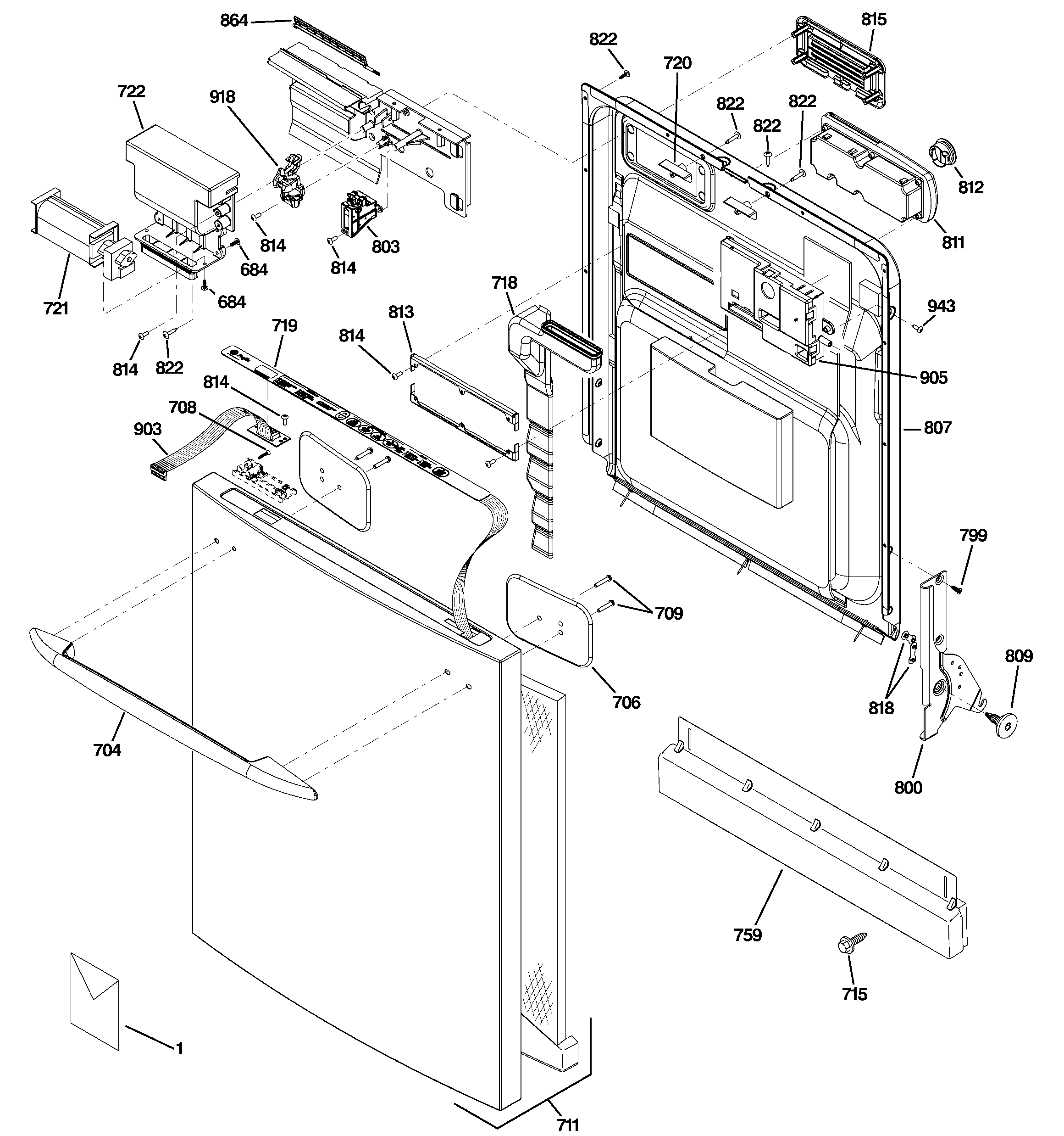 GE PDW9880J10SS escutcheon & door assembly diagram