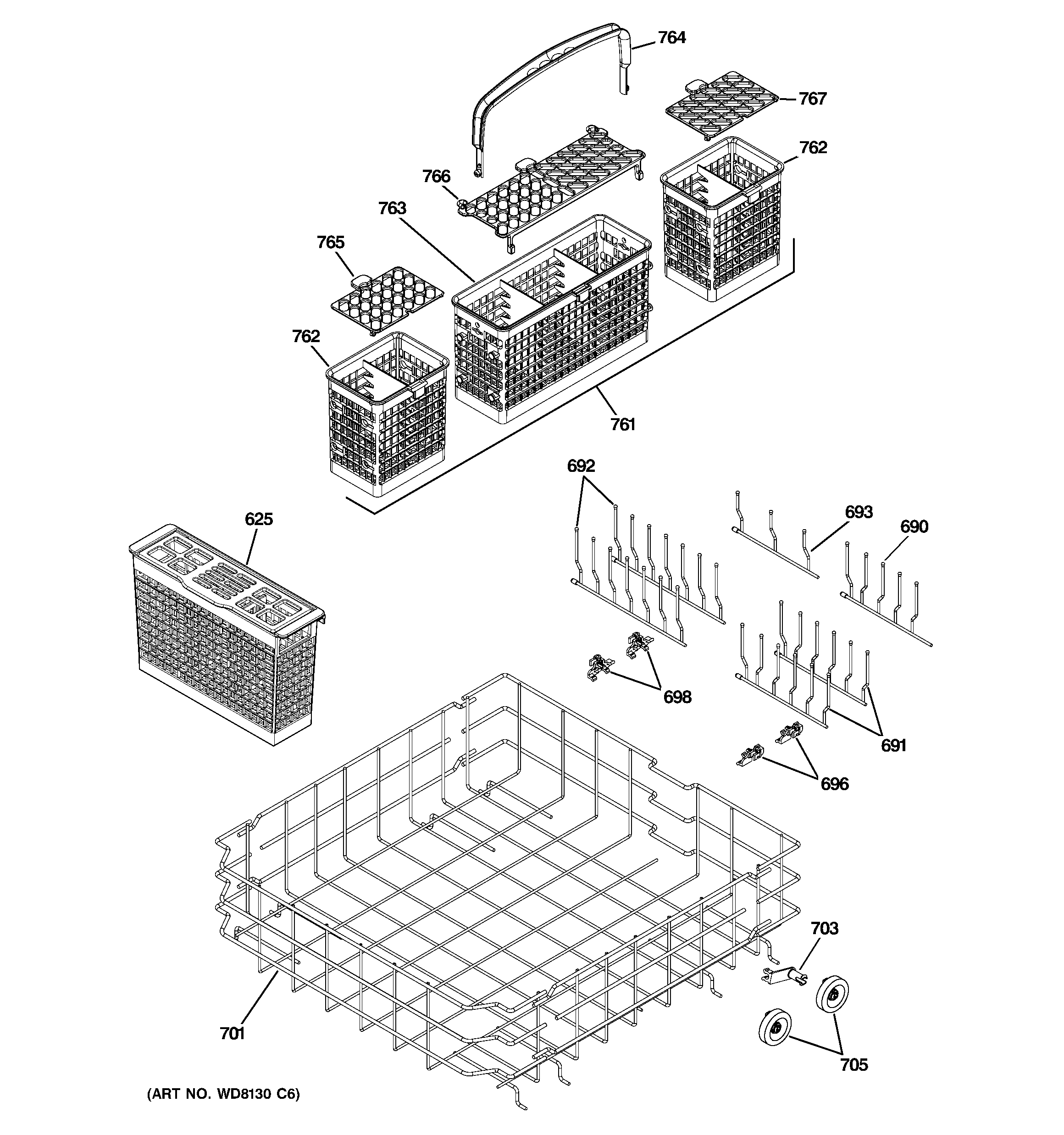 GE PDW9880J10SS lower rack assembly diagram
