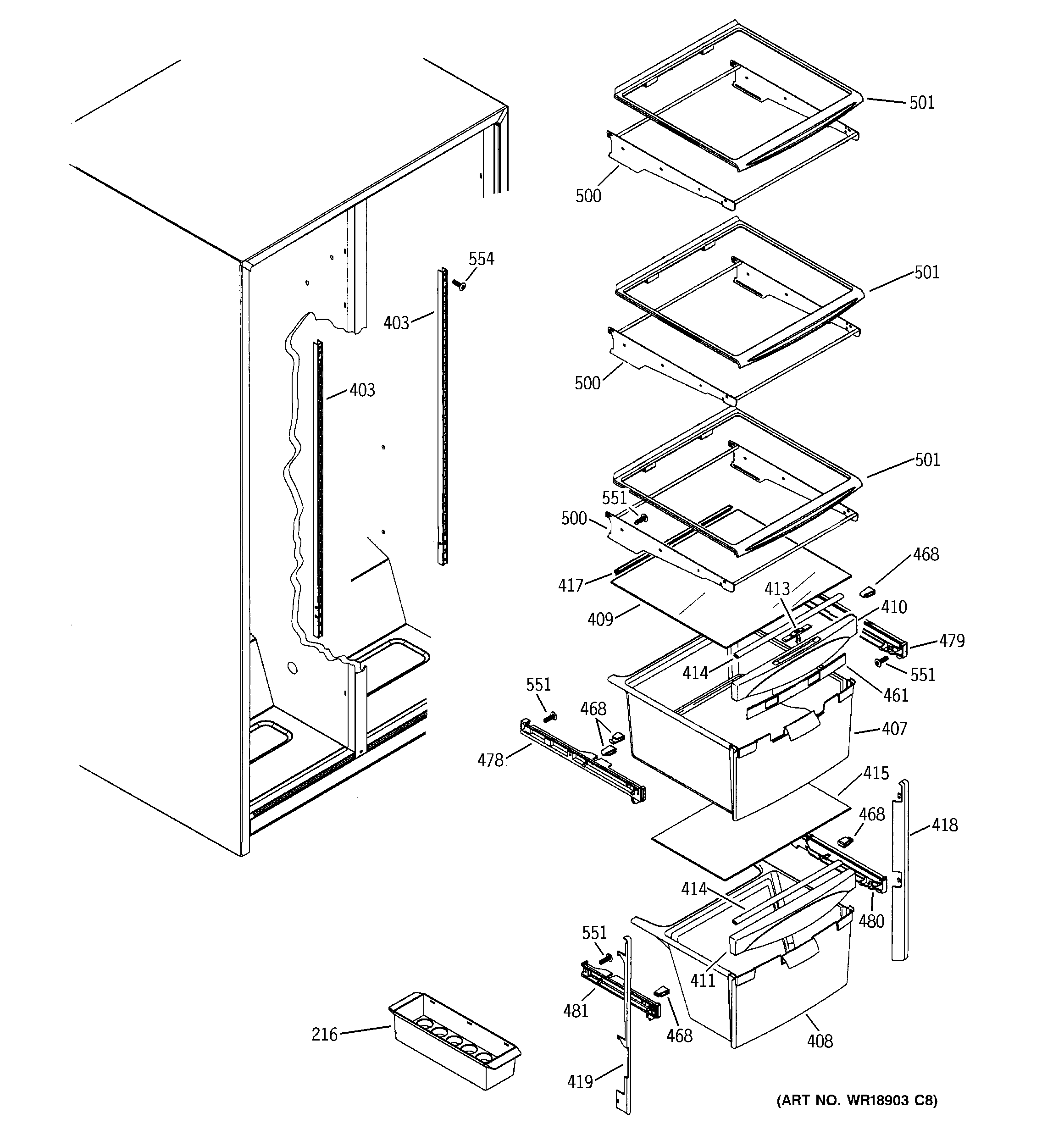 GE GSG22KESAFWW fresh food shelves diagram