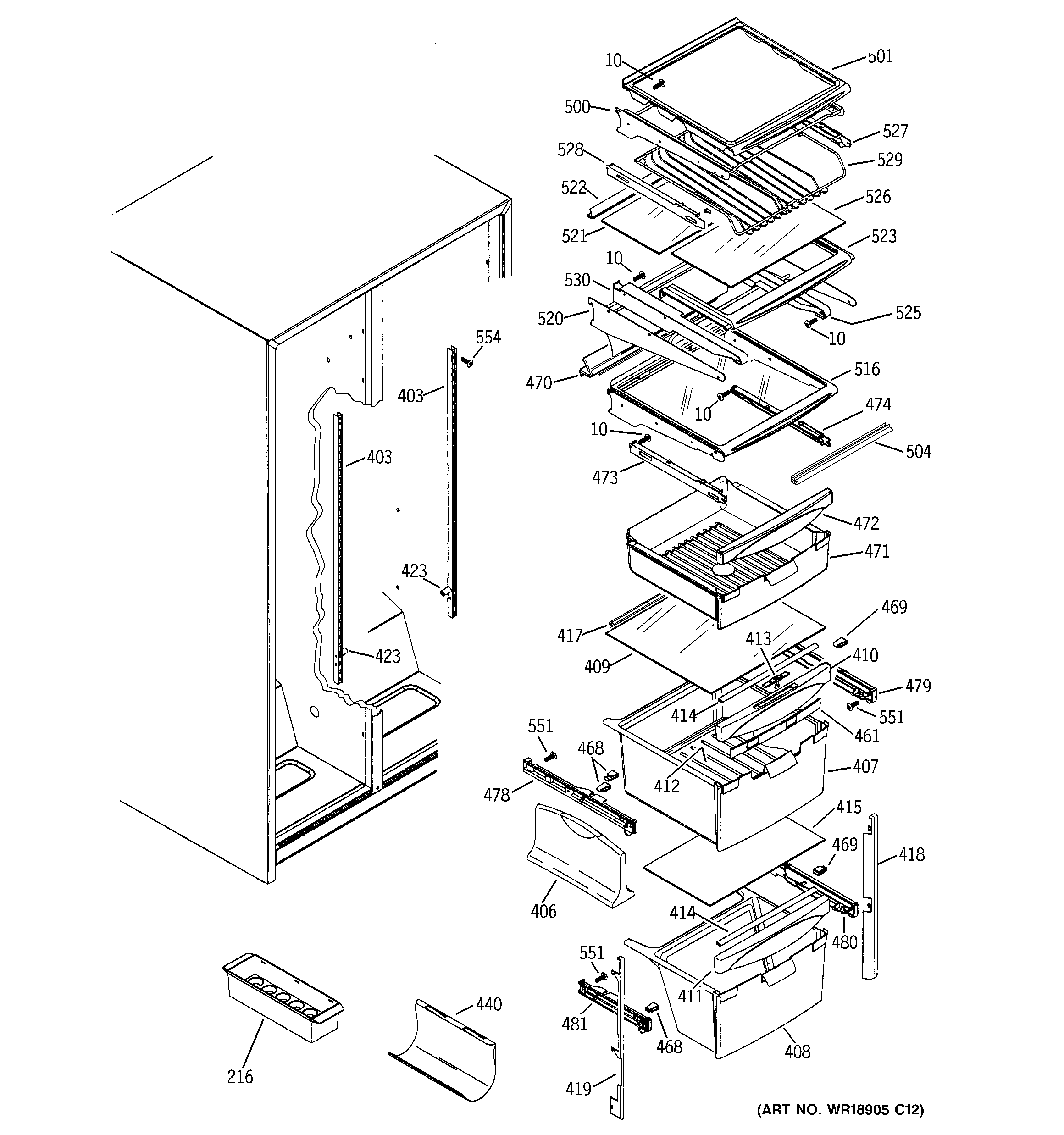 GE GSG25MISAFWW fresh food shelves diagram