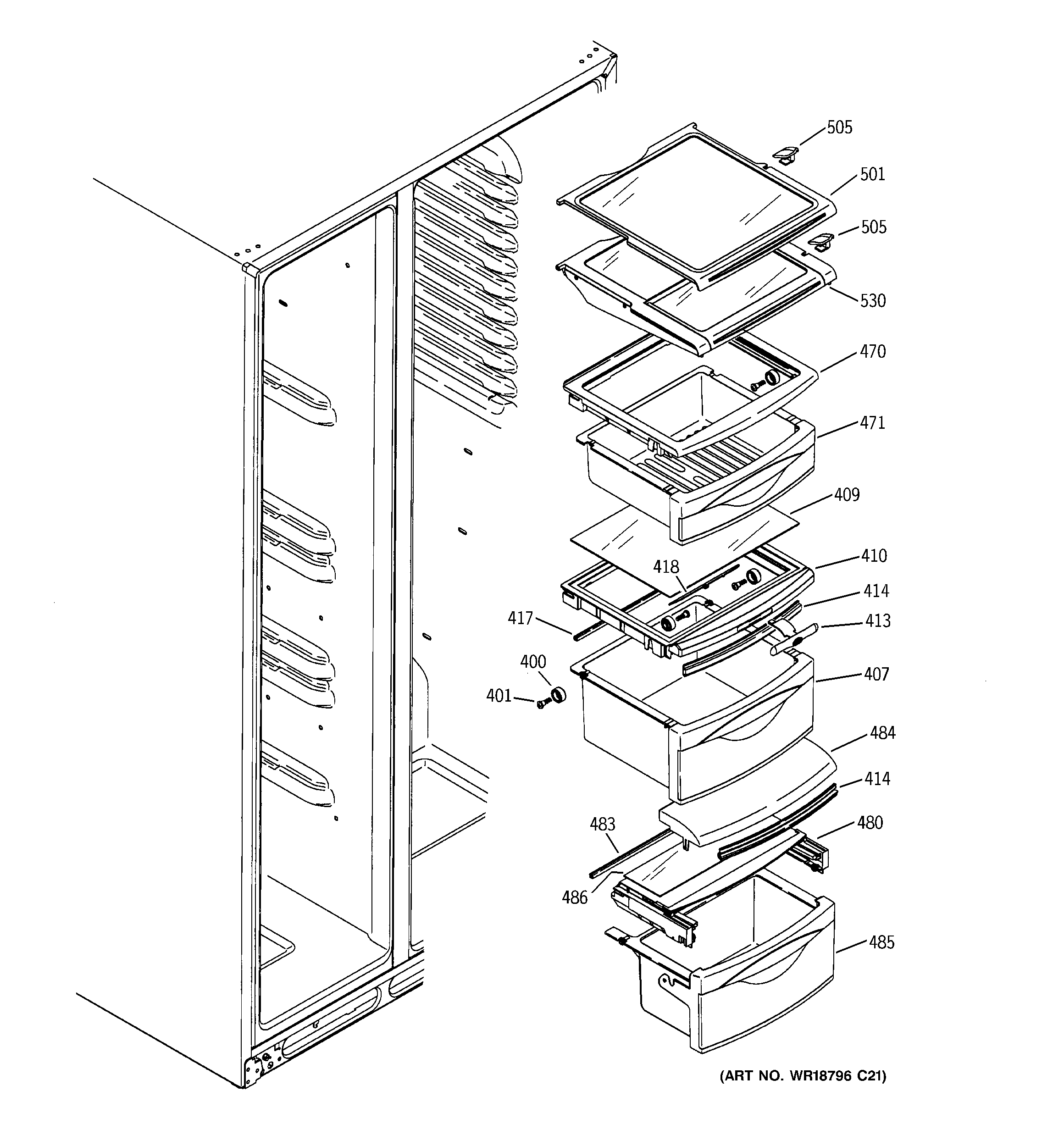 GE ESF25LGRDWW fresh food shelves diagram