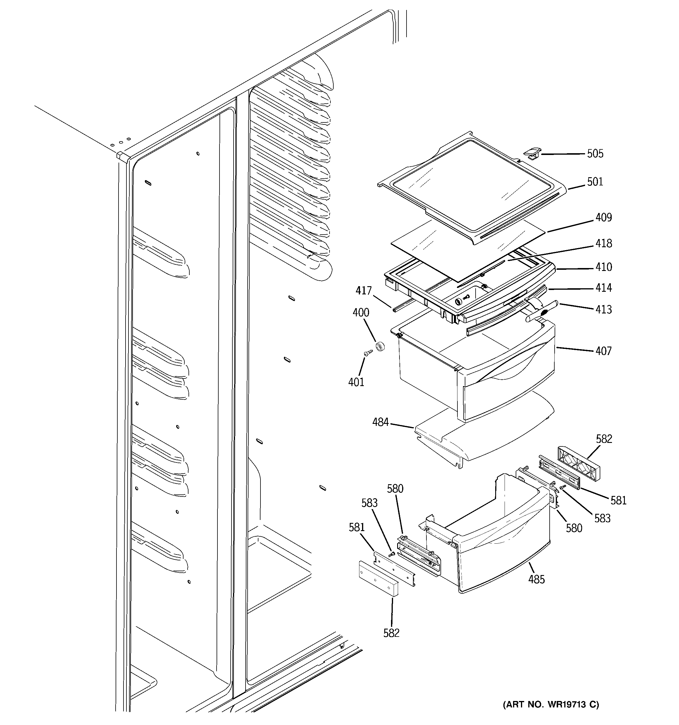 GE GSR23YBPBWW fresh food shelves diagram